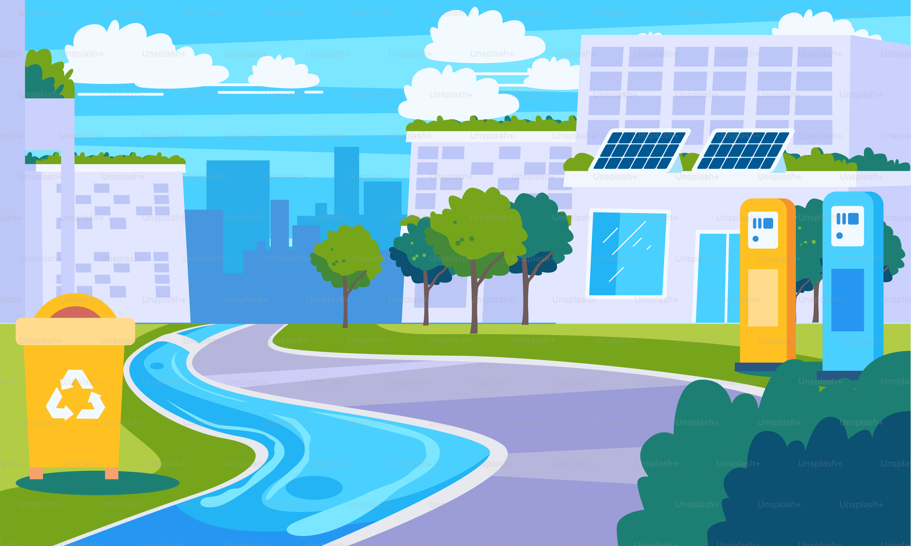 A cartoon of a city with a river running through it