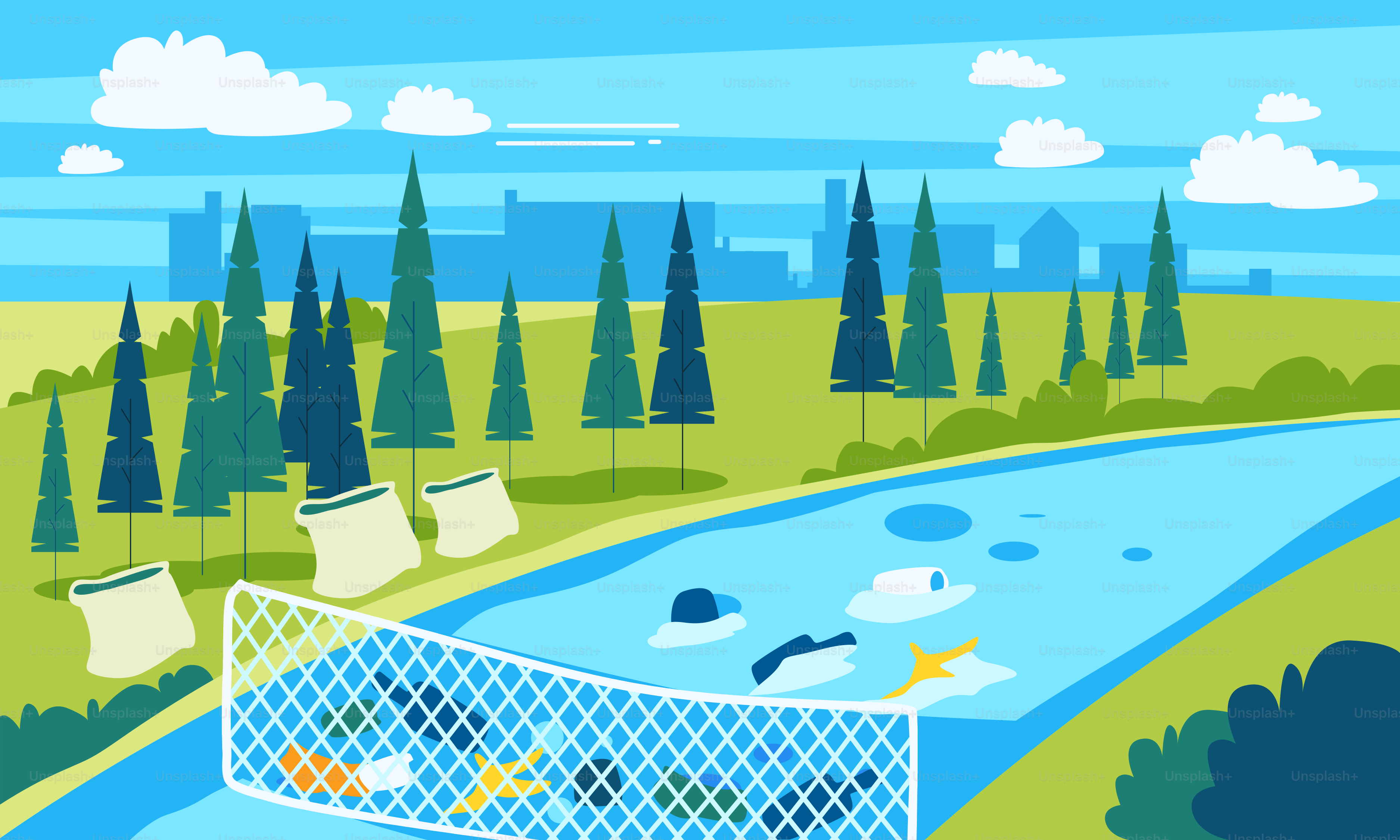 A painting of a river with a fence in the foreground