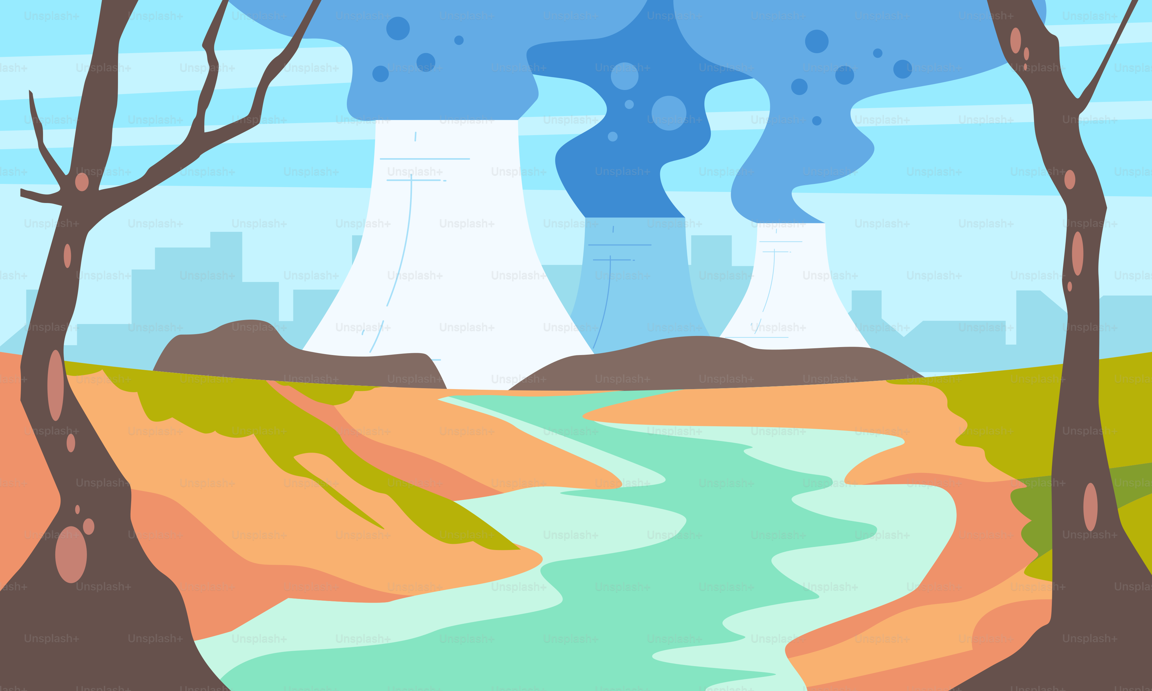 A picture of a nuclear power plant with a river running through it