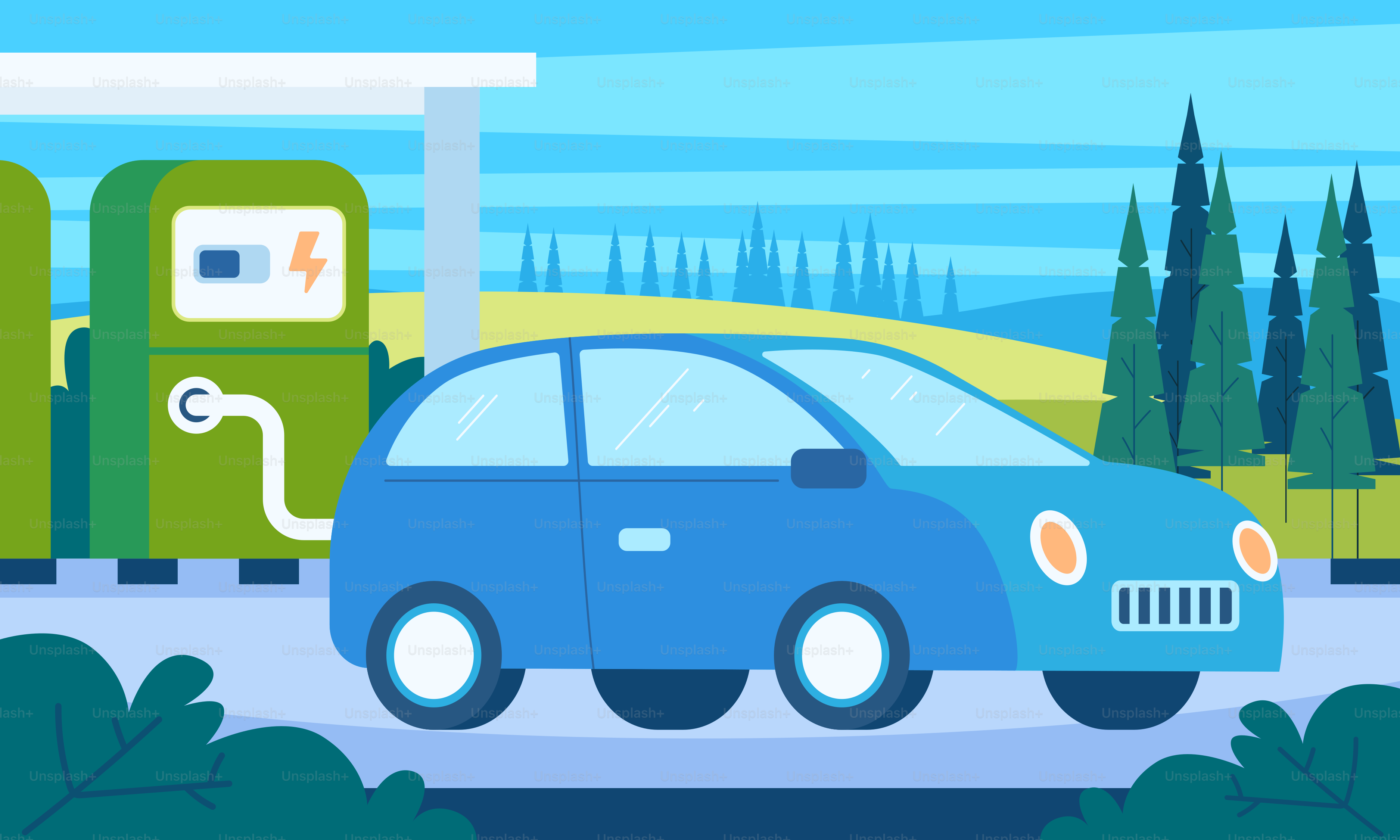 Une voiture bleue est dans une station-service