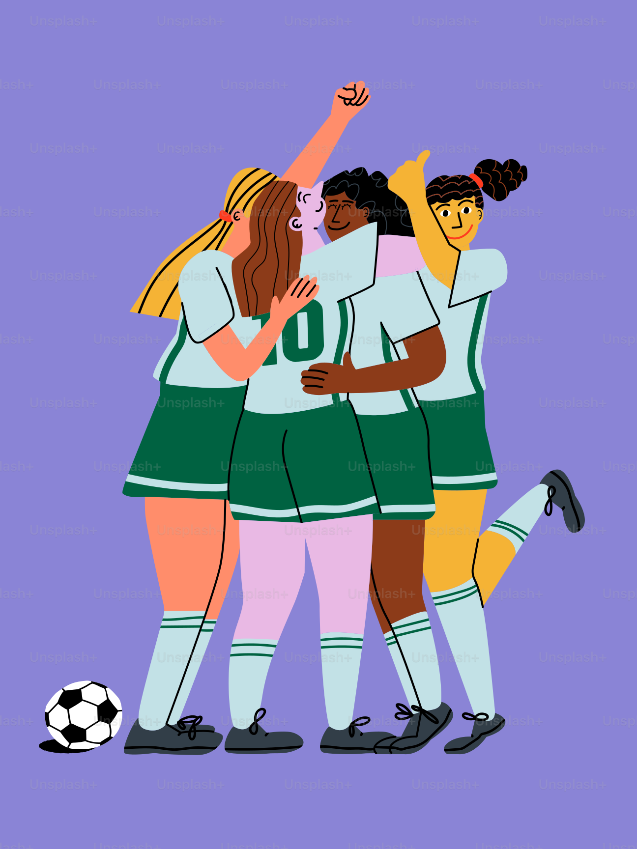 Un grupo de mujeres de pie una al lado de la otra frente a un balón de fútbol