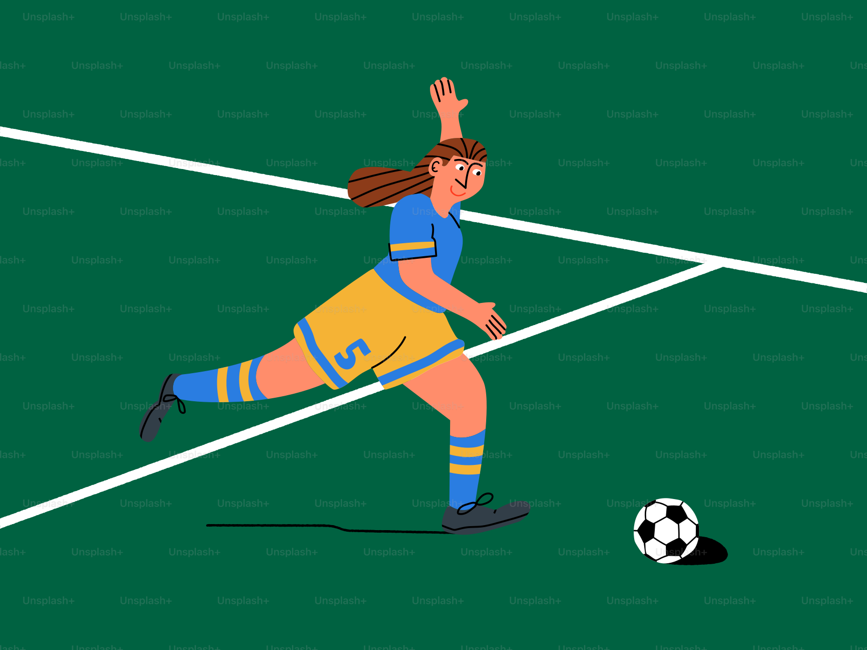 A woman kicking a soccer ball across a field