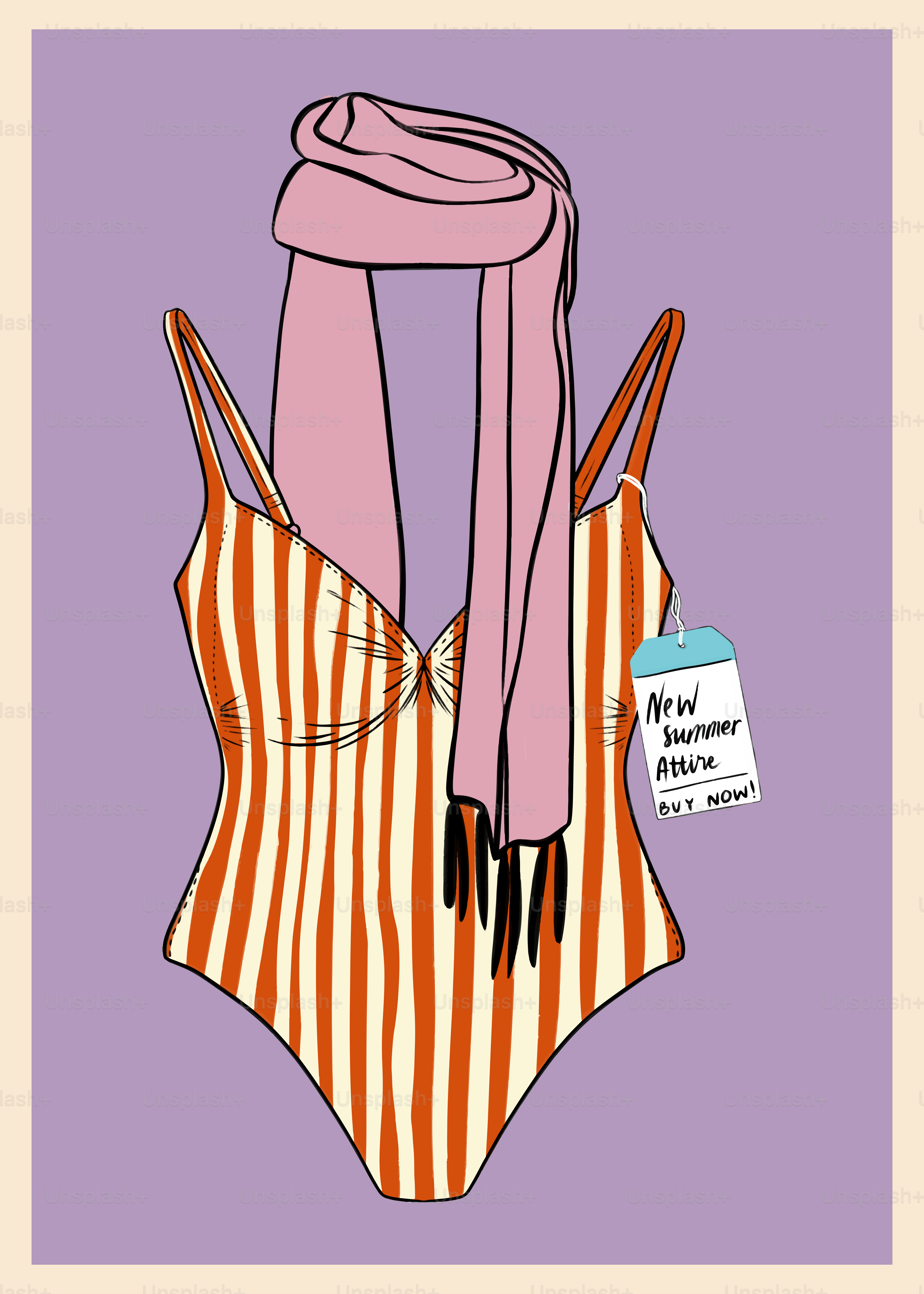 A bathing suit with a pink scarf on top of it