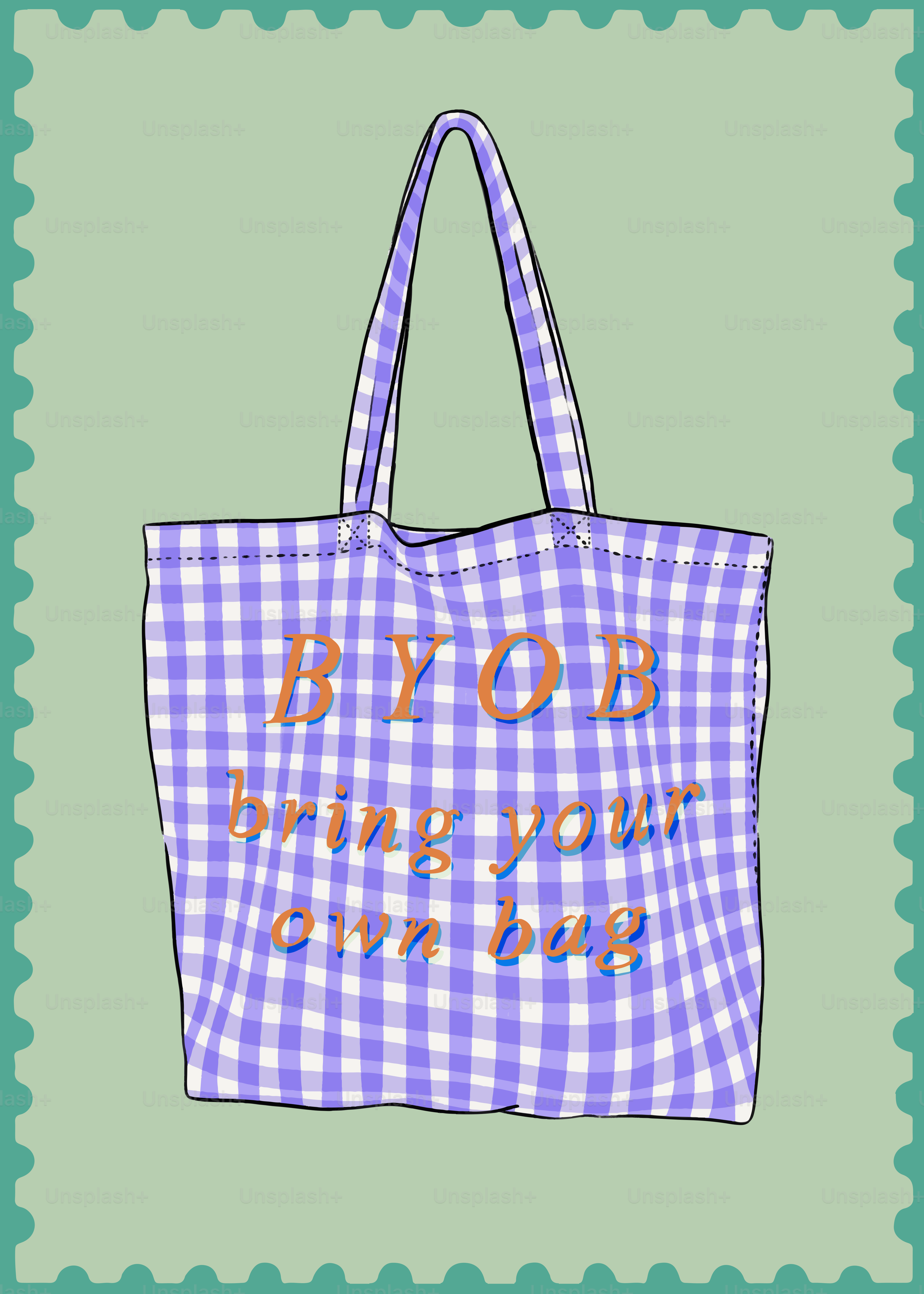 A blue and white bag with words on it