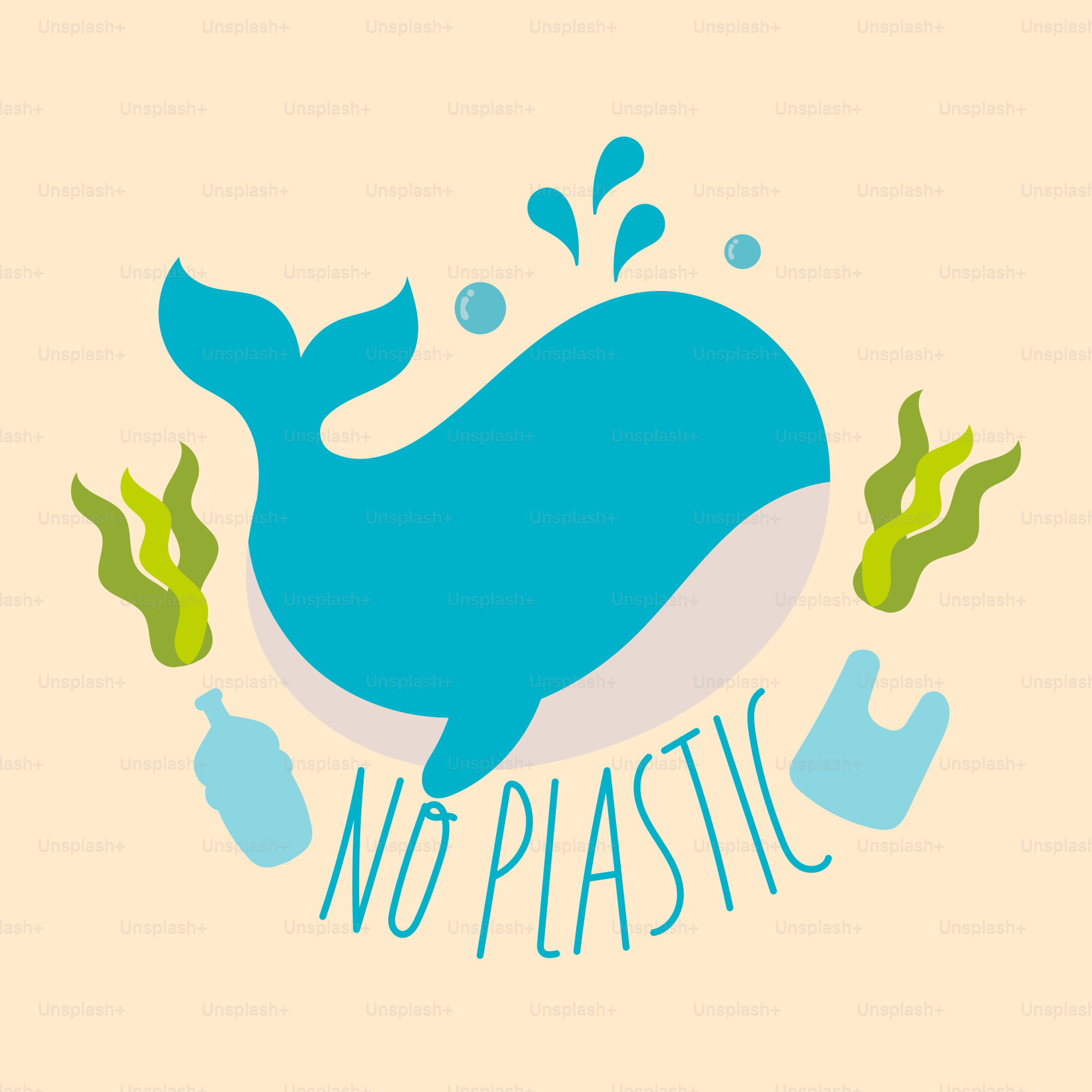 Une baleine bleue avec les mots sans plastique dessus