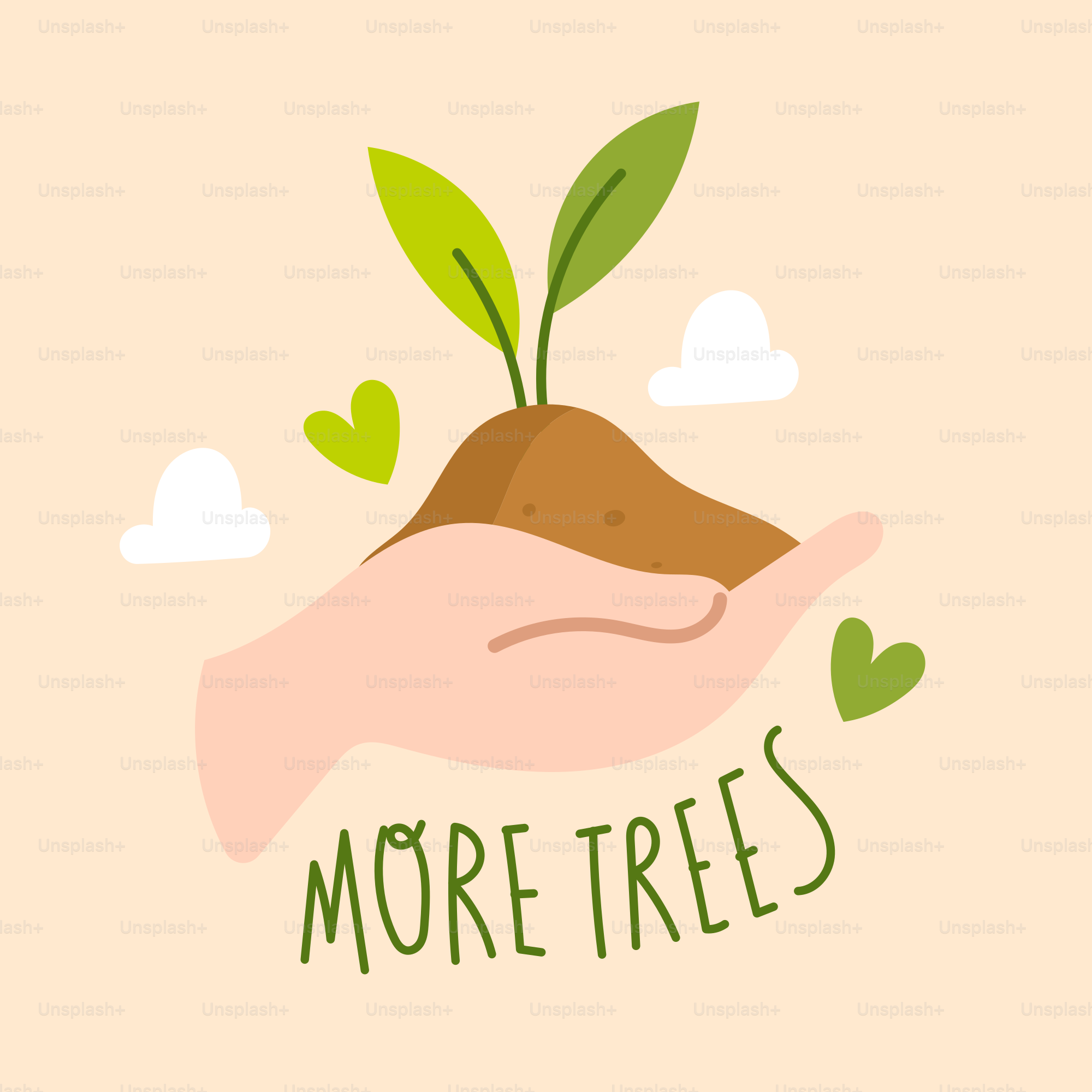 A hand holding a plant that says more trees
