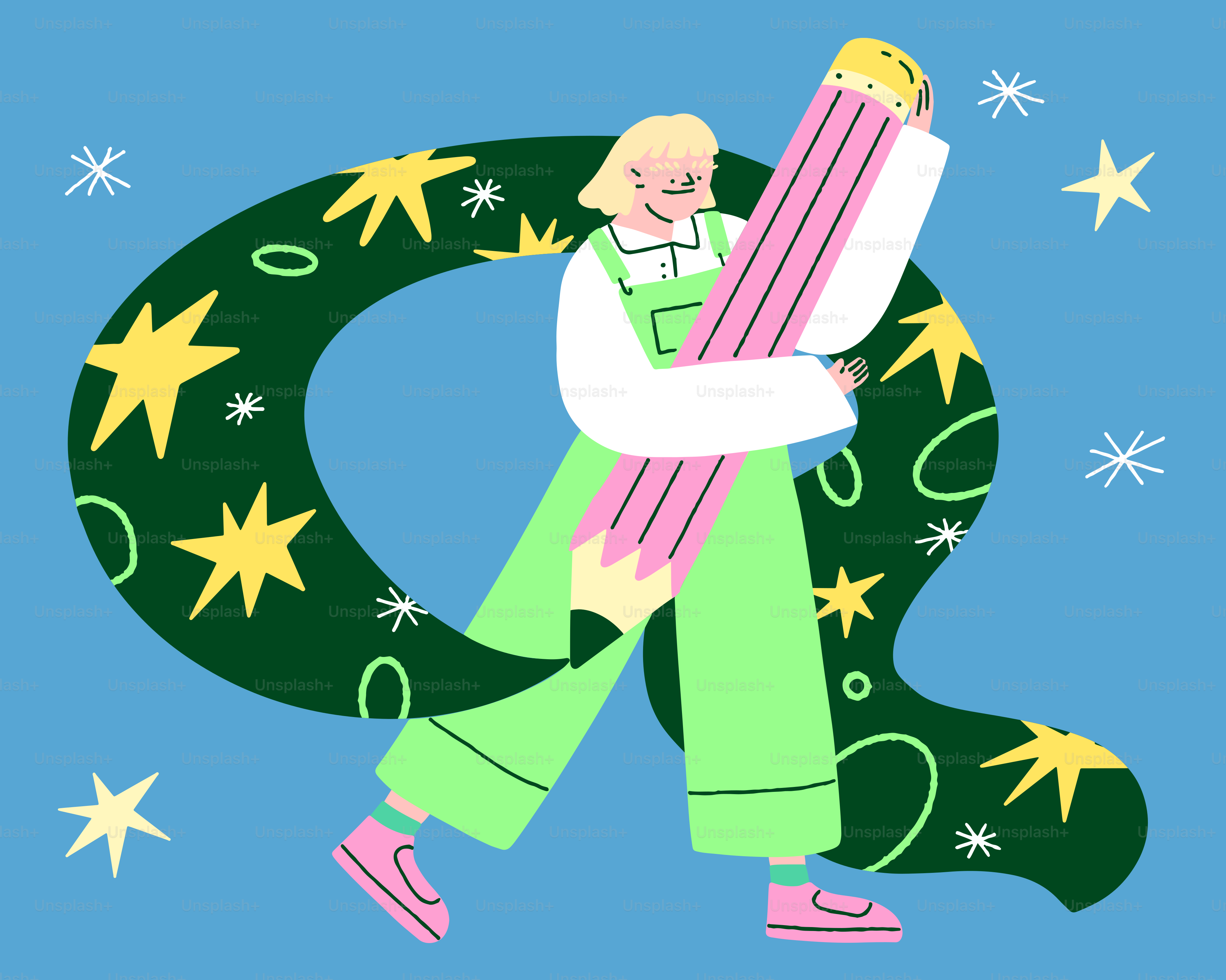 Un dibujo de una persona sosteniendo un lápiz gigante