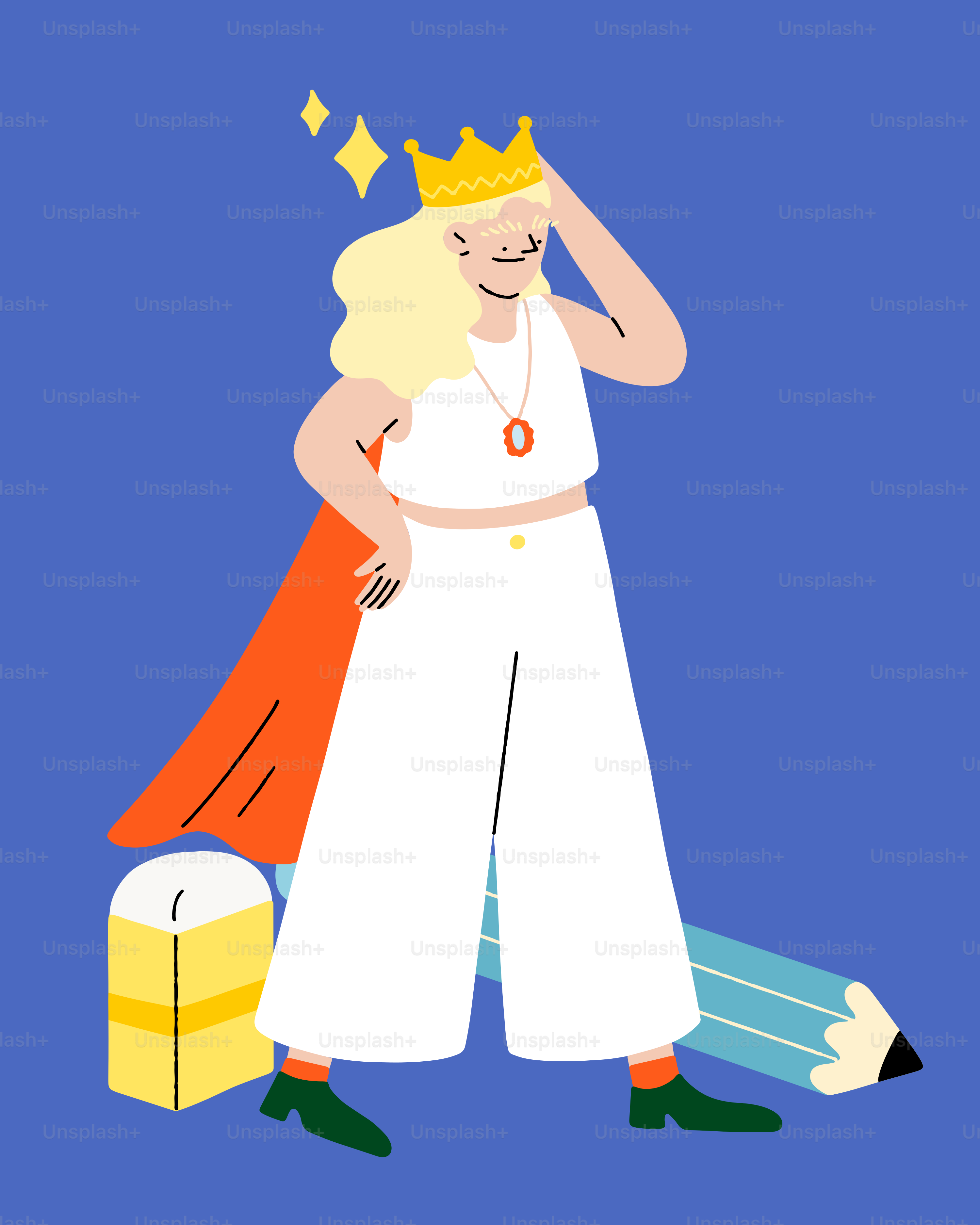 Un hombre con una corona está de pie junto a un lápiz