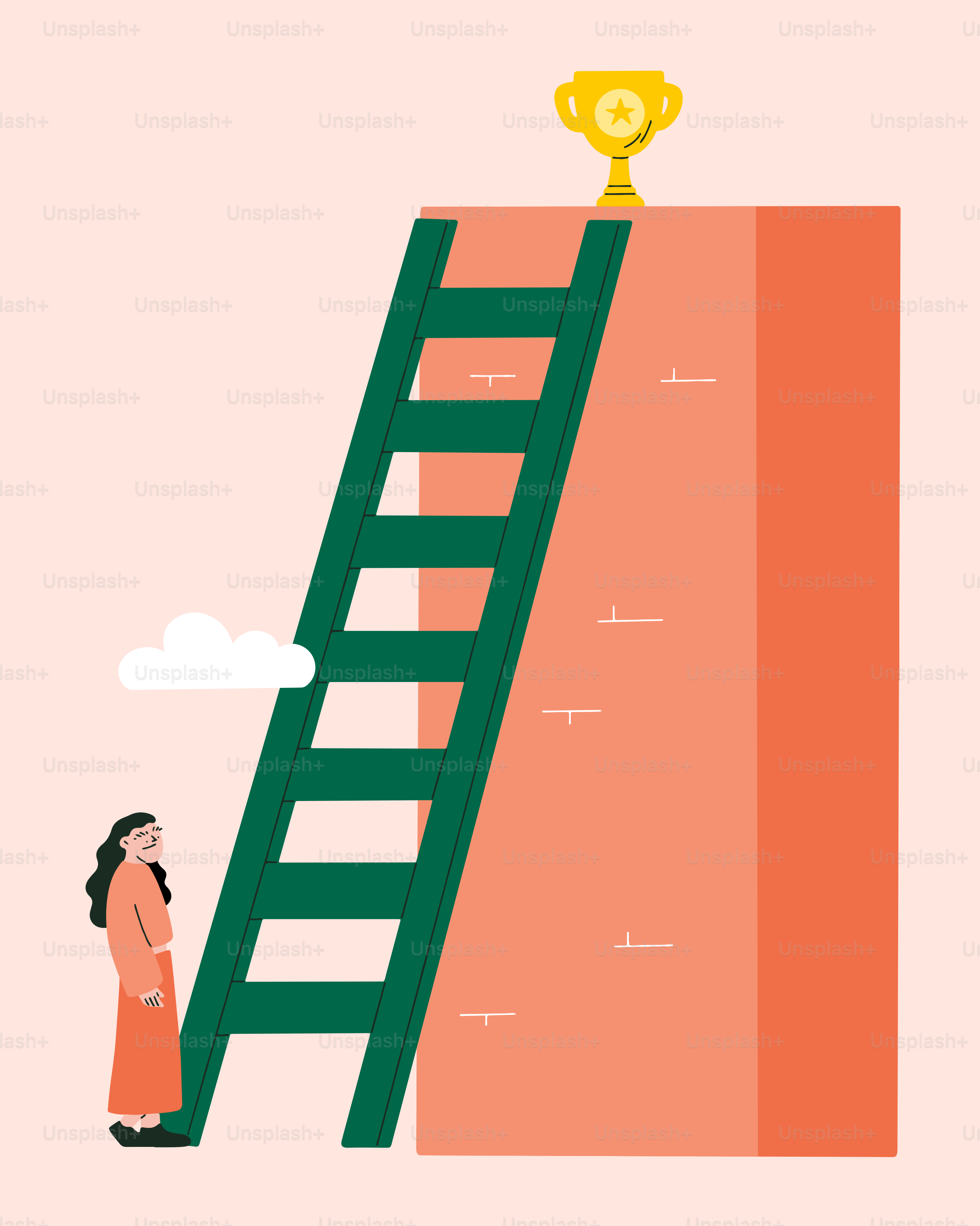 Una mujer de pie junto a una escalera con un trofeo encima