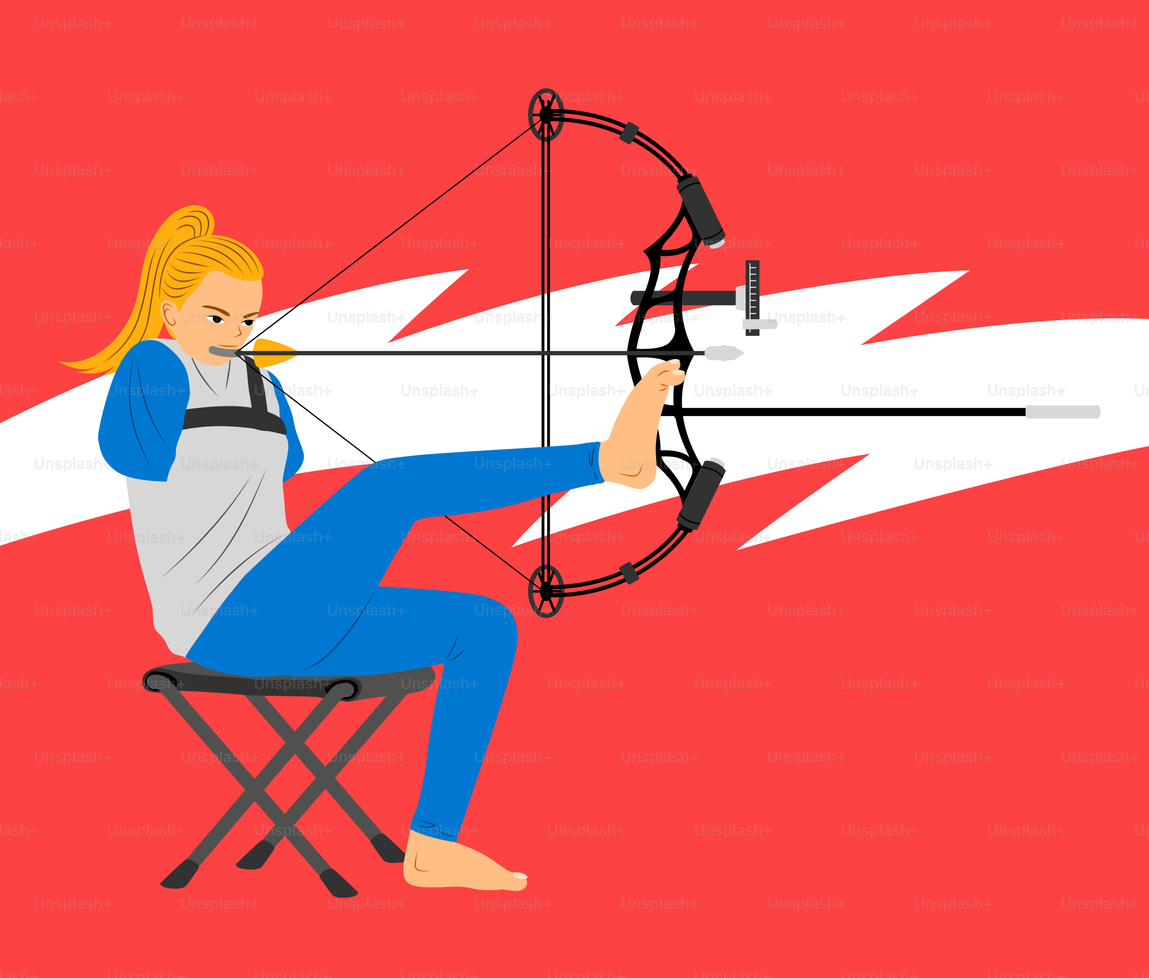 활과 화살을 들고 의자에 앉아 있는 여자