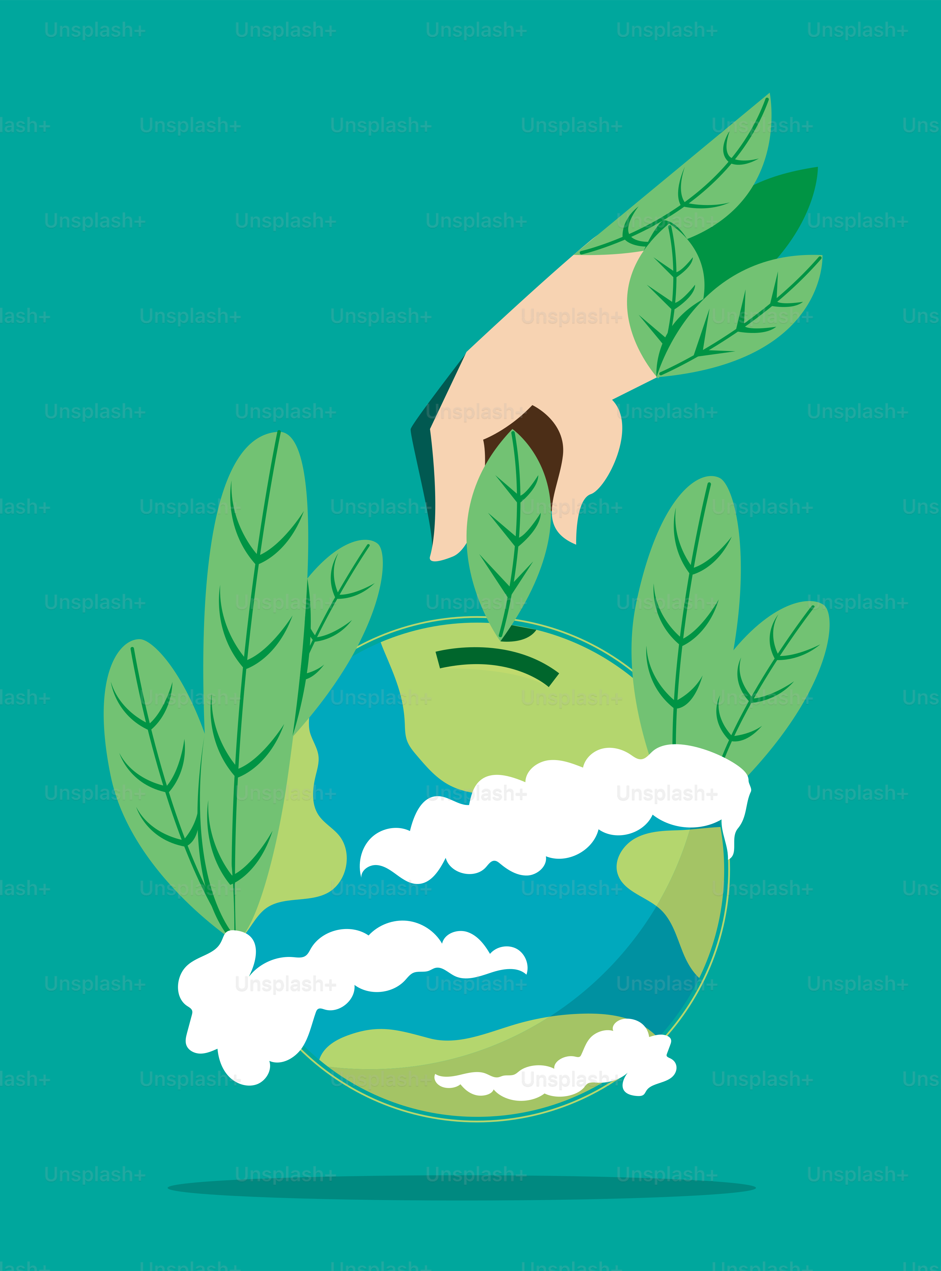 A hand that is holding a plant on top of a globe