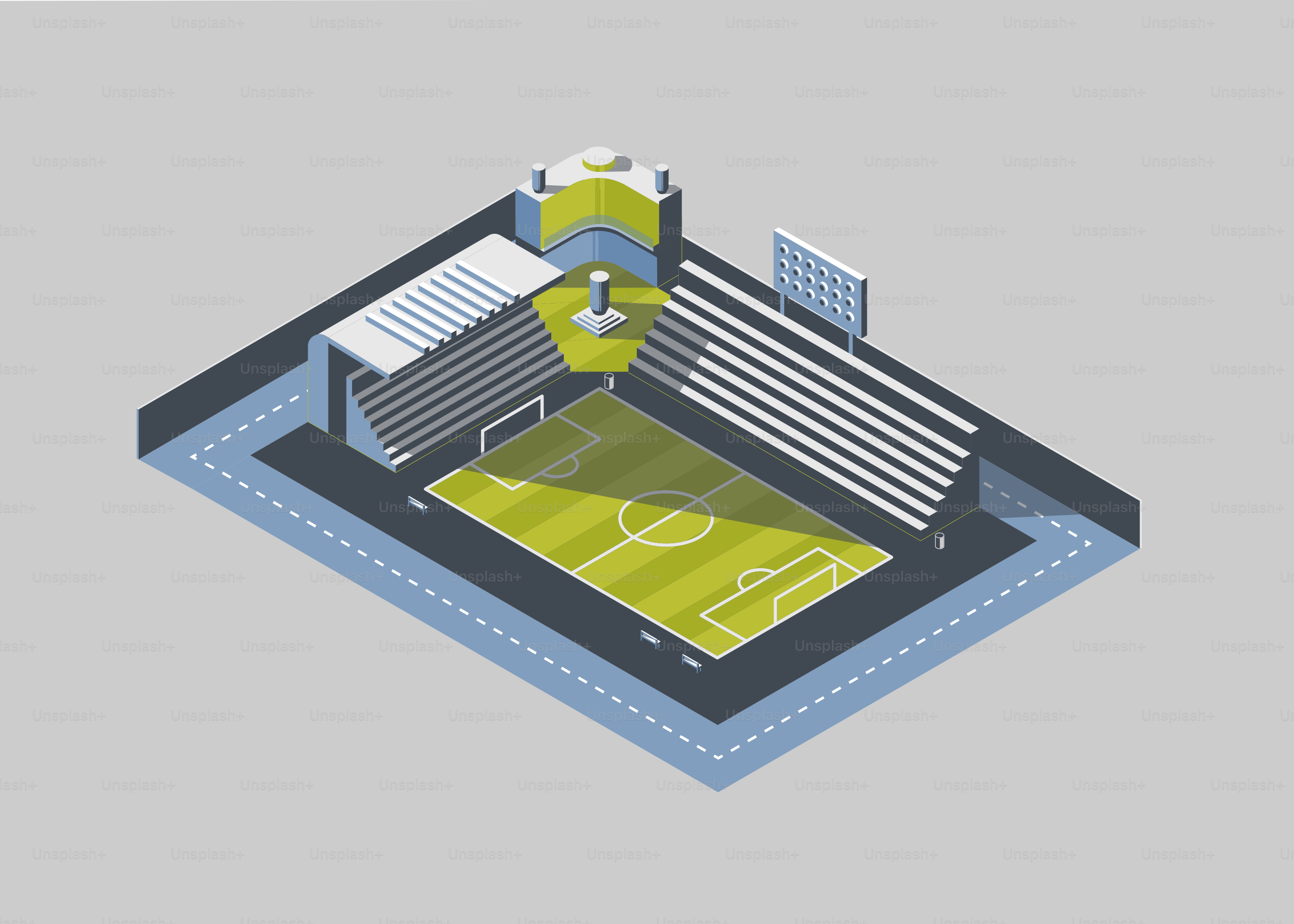 A soccer field with a building and a soccer field