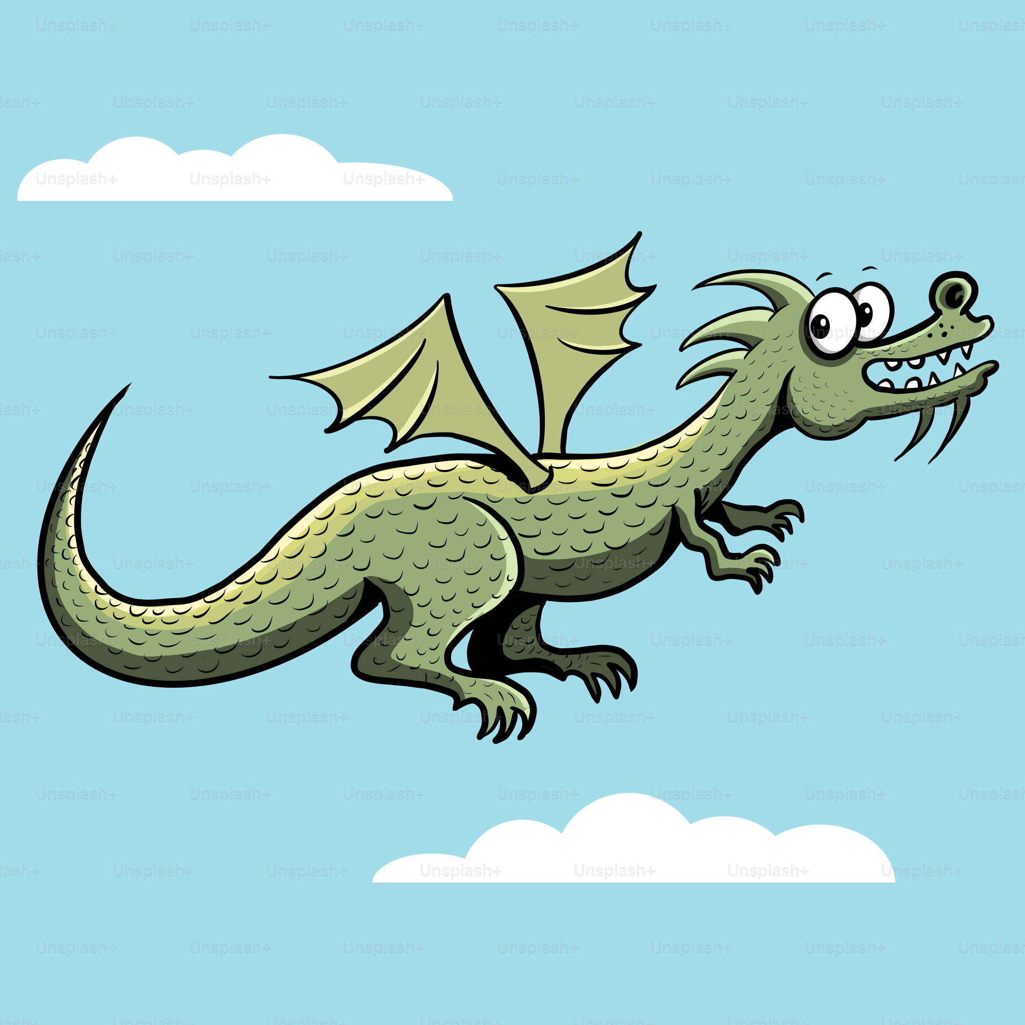 A cartoon dragon flying through the sky