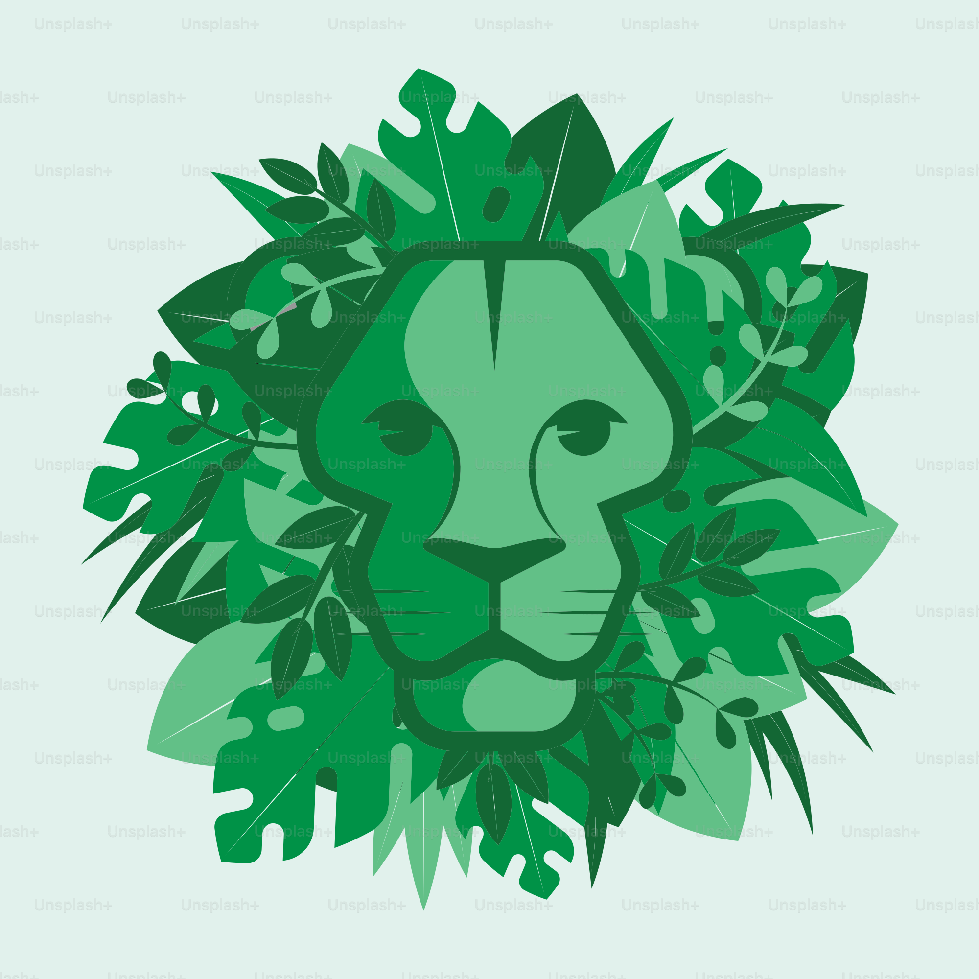 Une tête de lion entourée de feuilles vertes