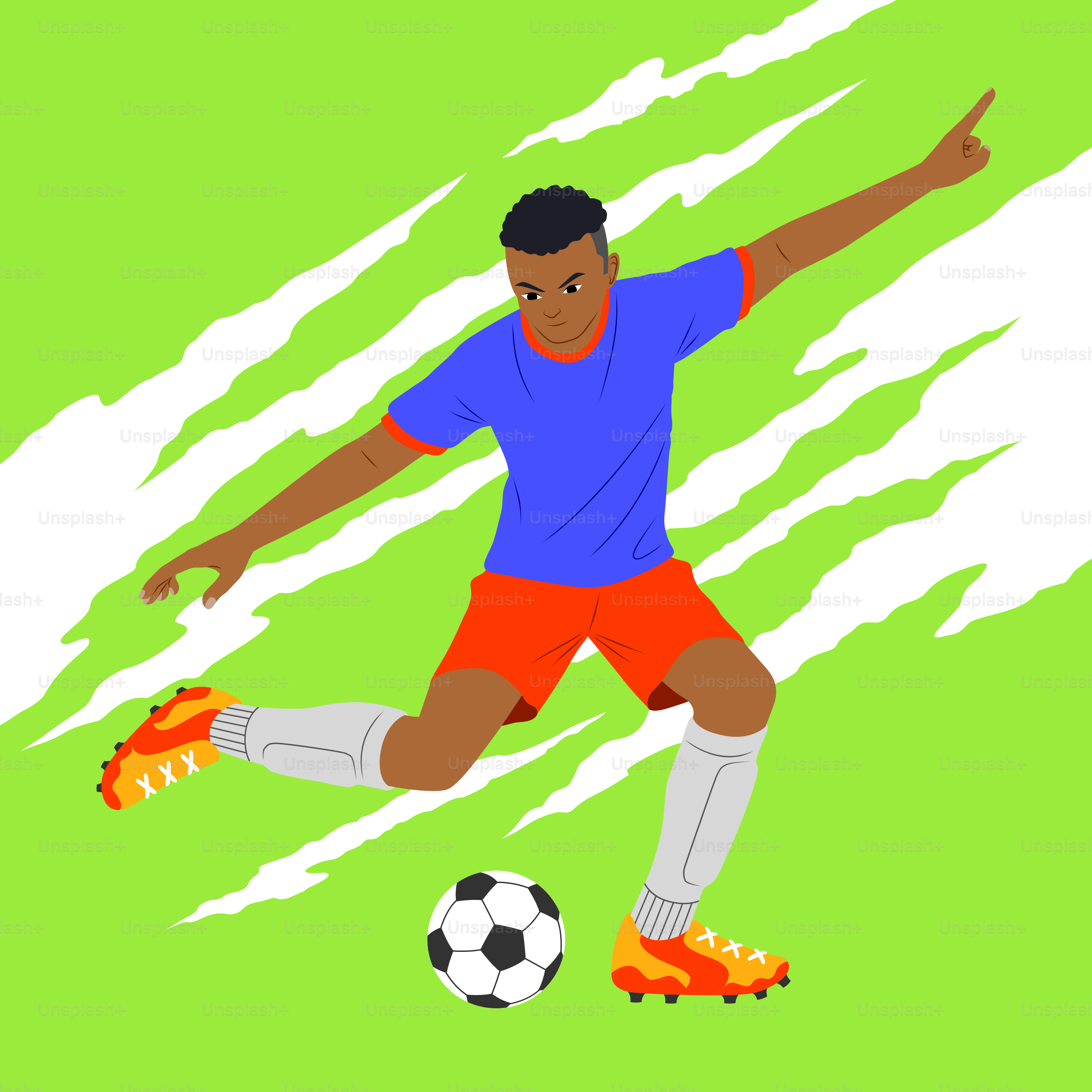 A man kicking a soccer ball on a green field