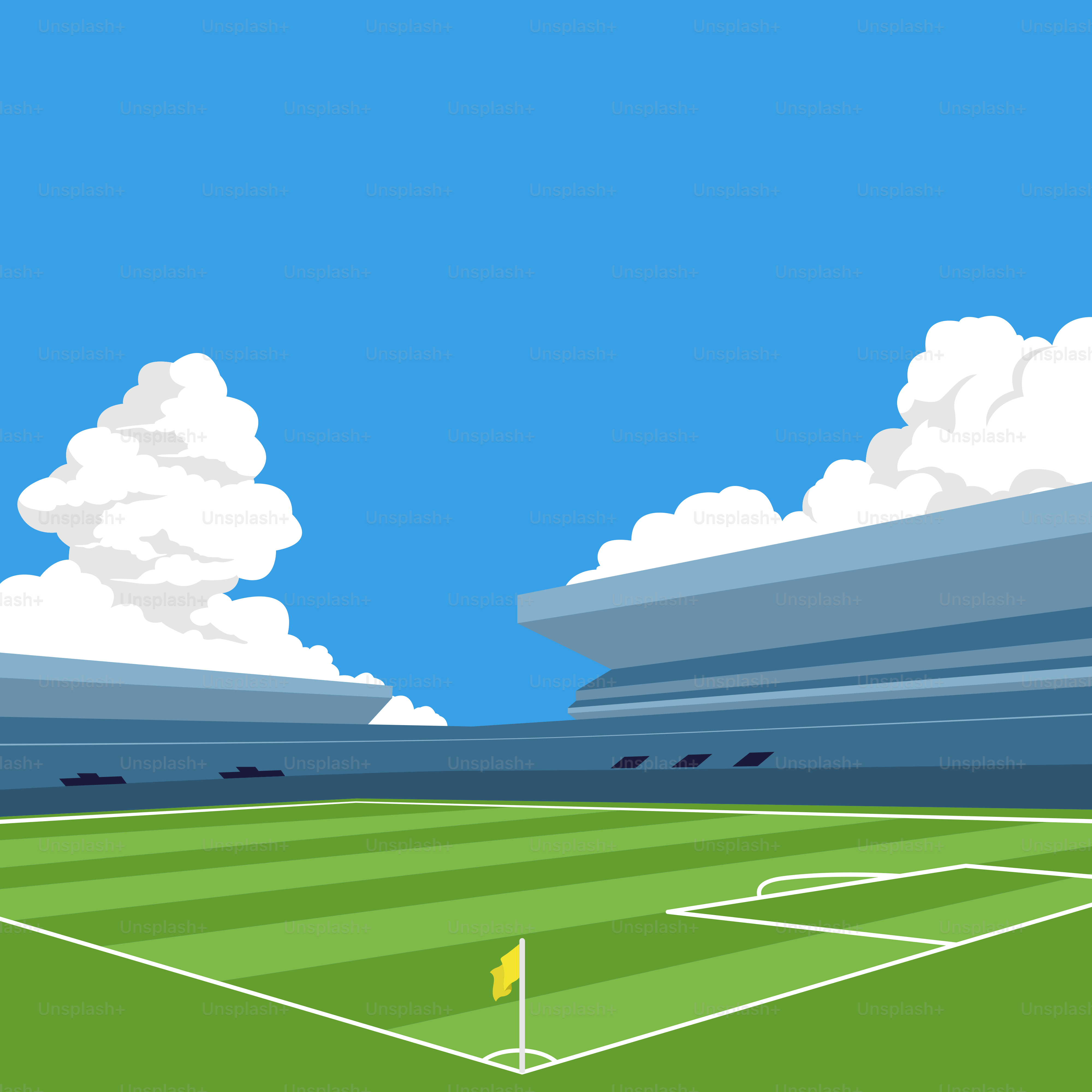 A soccer field with clouds in the sky