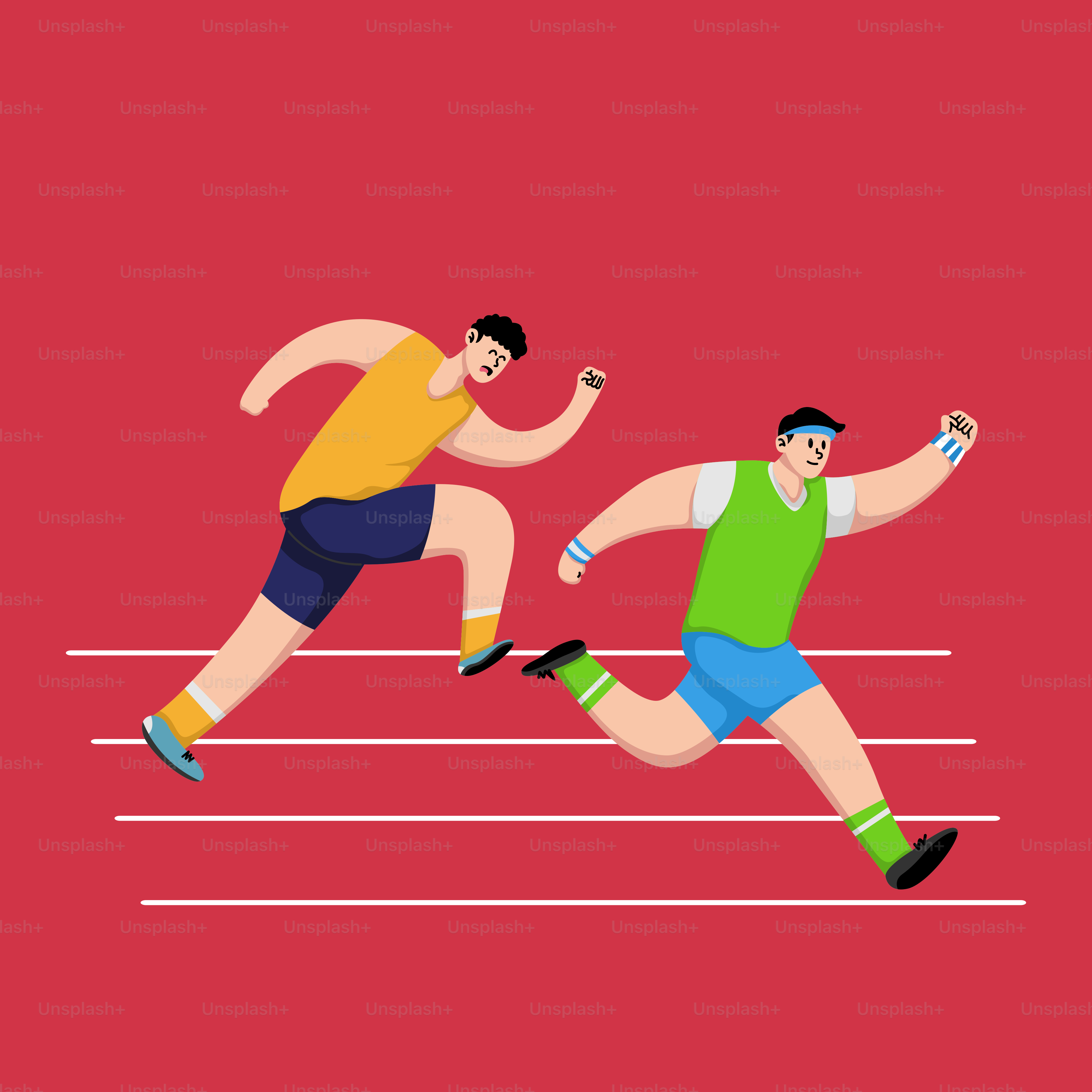 A couple of men running across a red field