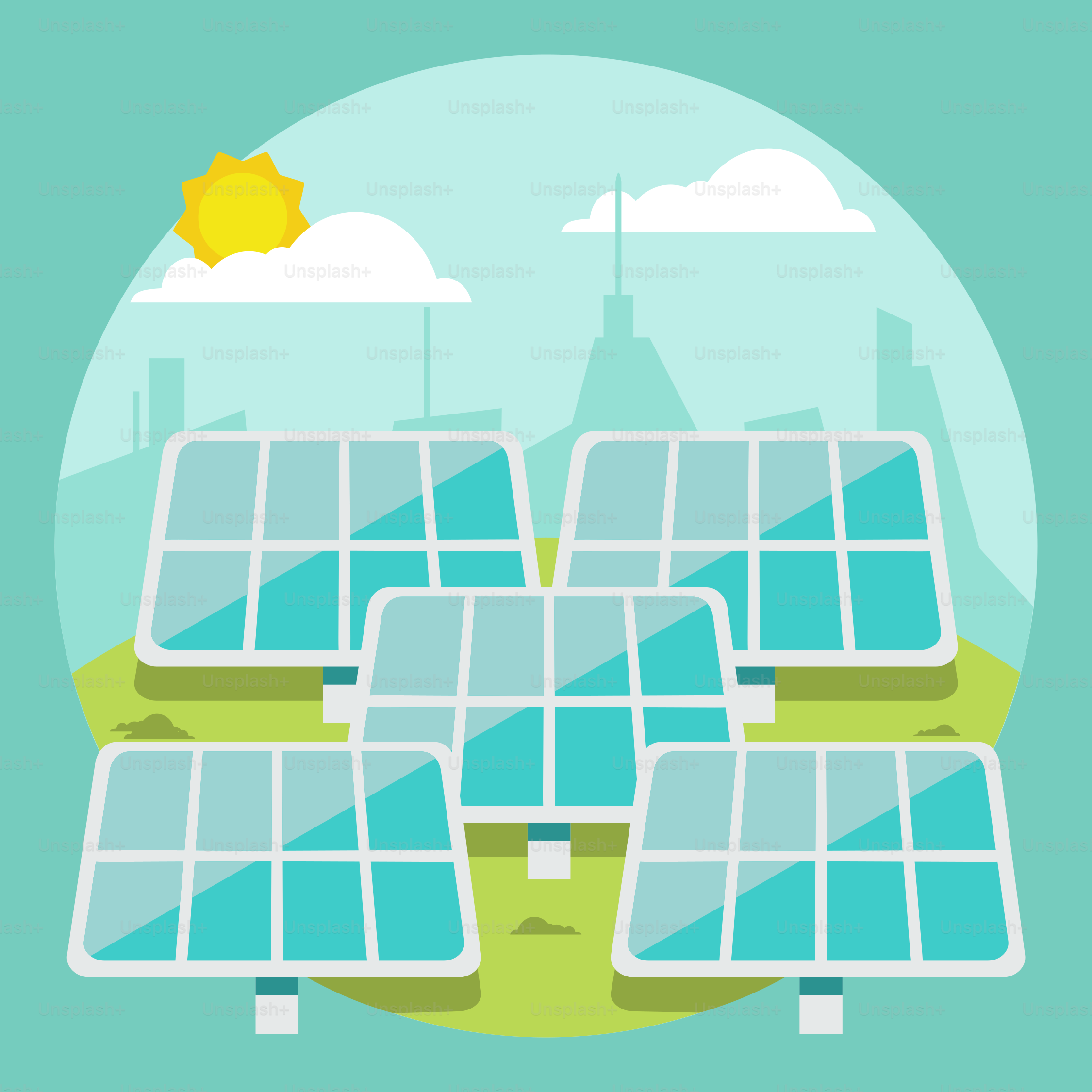 A group of solar panels sitting on top of a green field