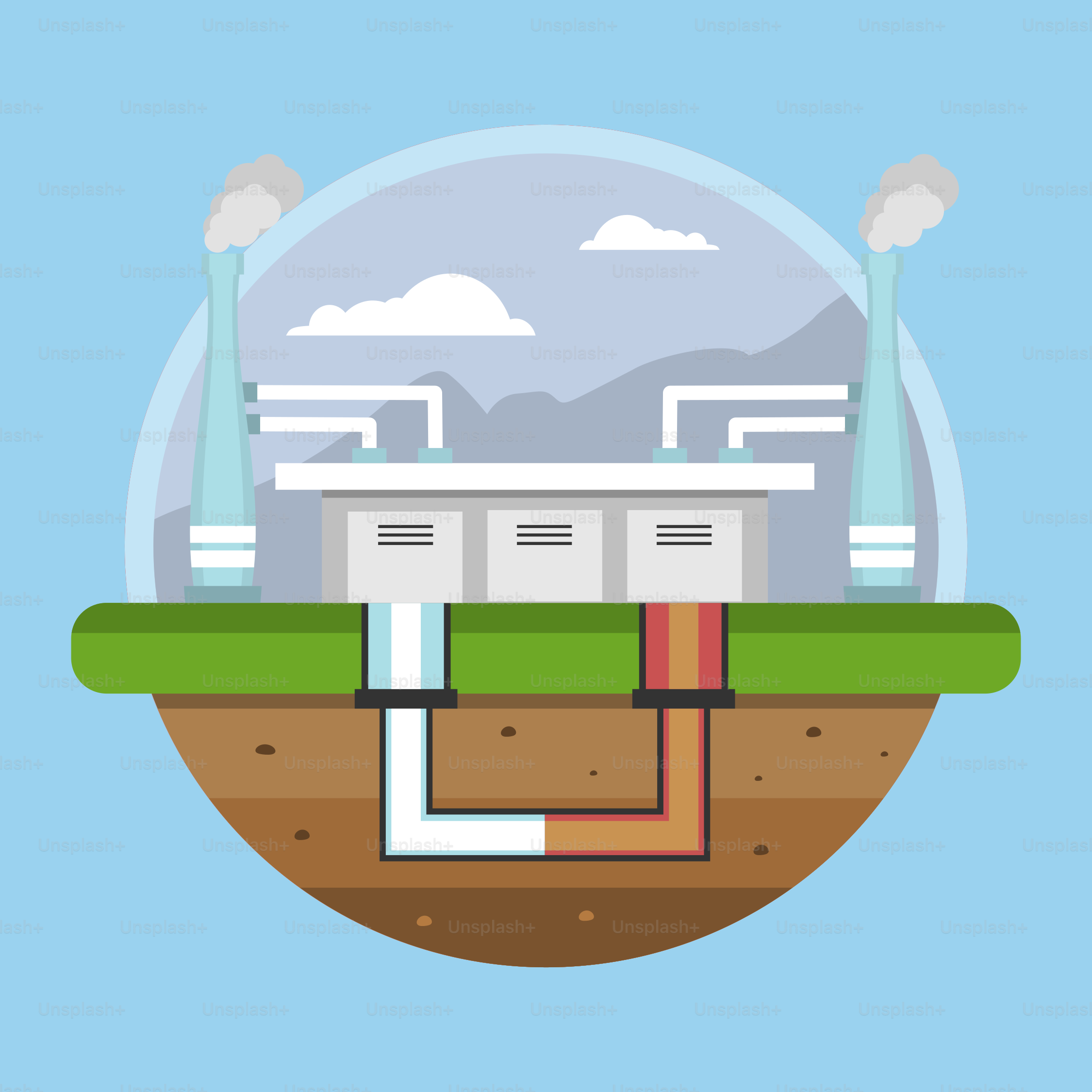 A diagram of a power plant with a sky background