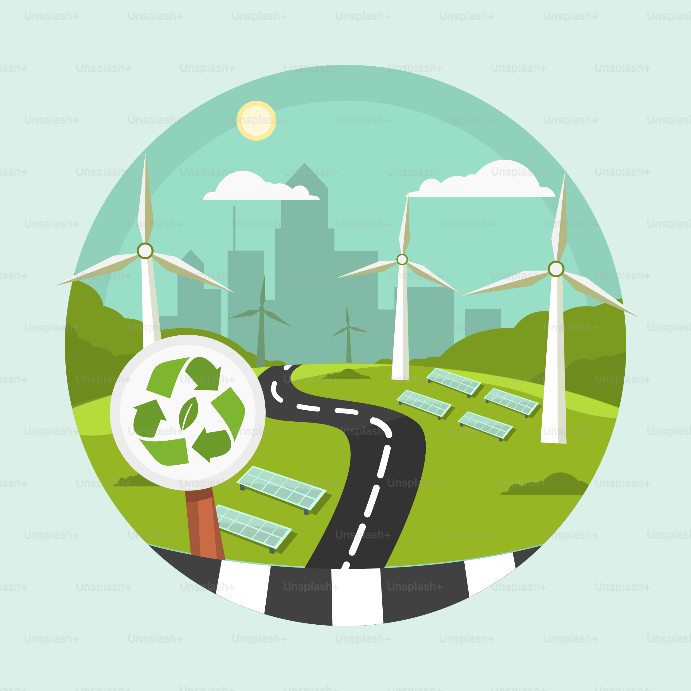 A road with a wind turbine in the background