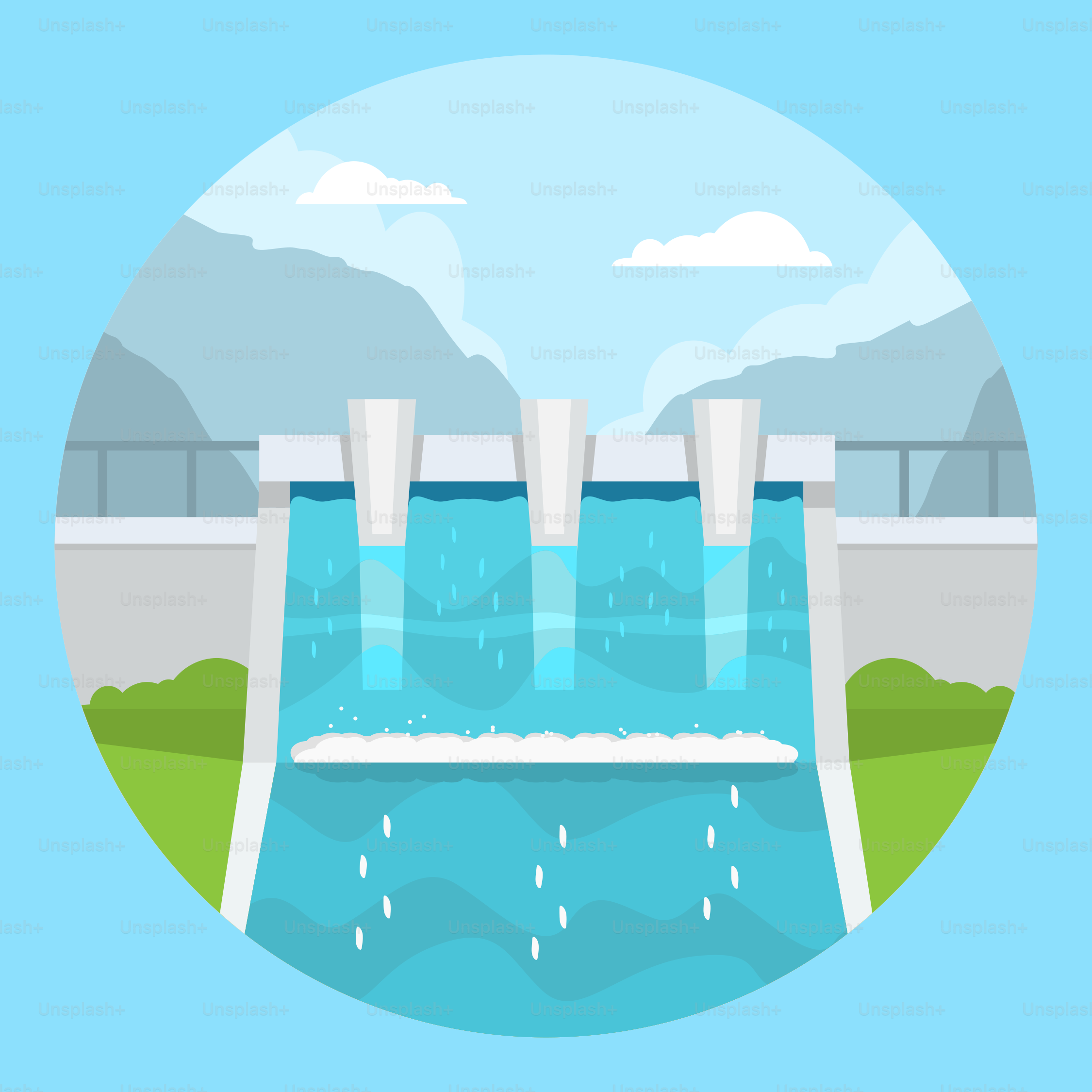 A graphic of a dam with water coming out of it