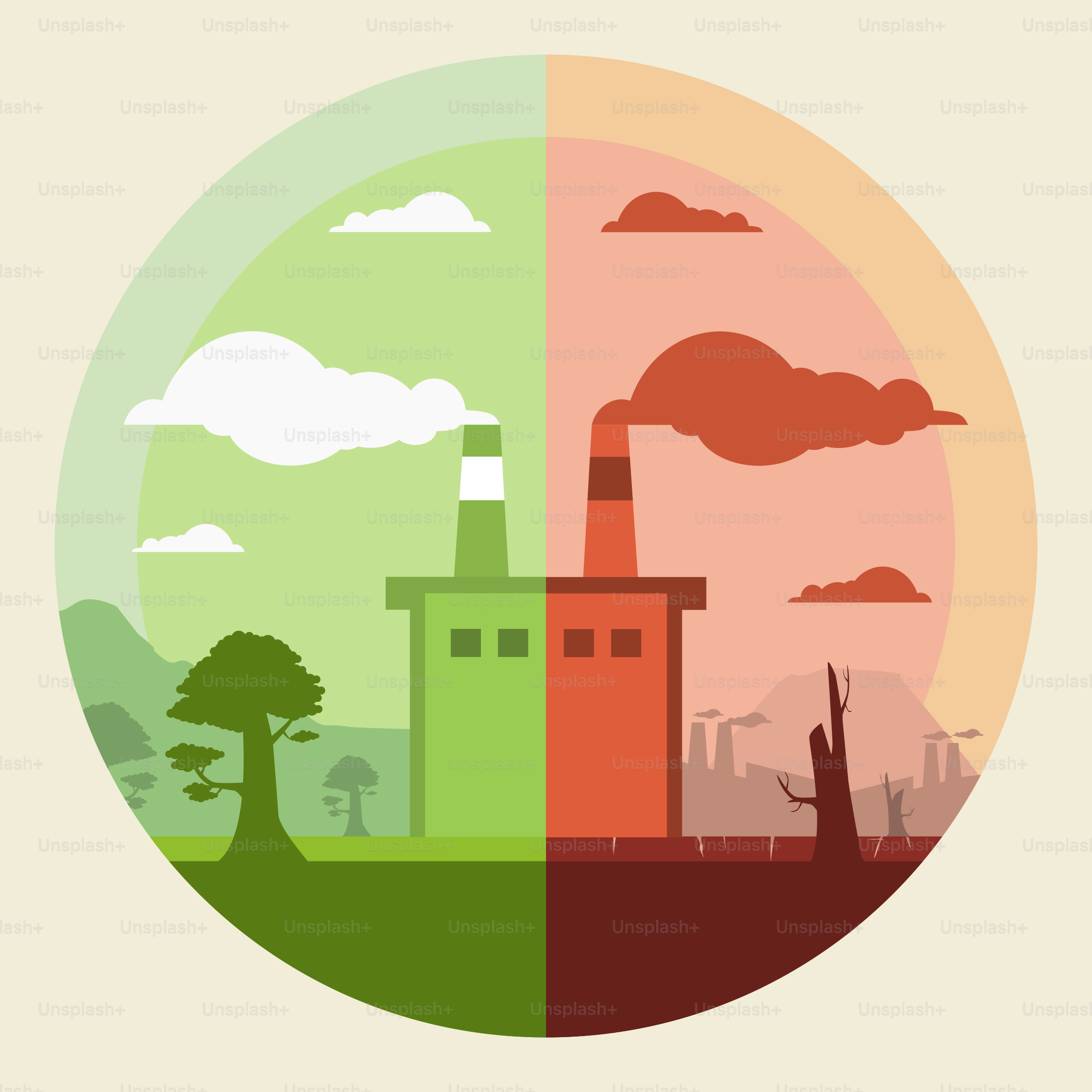 A picture of a factory and a tree