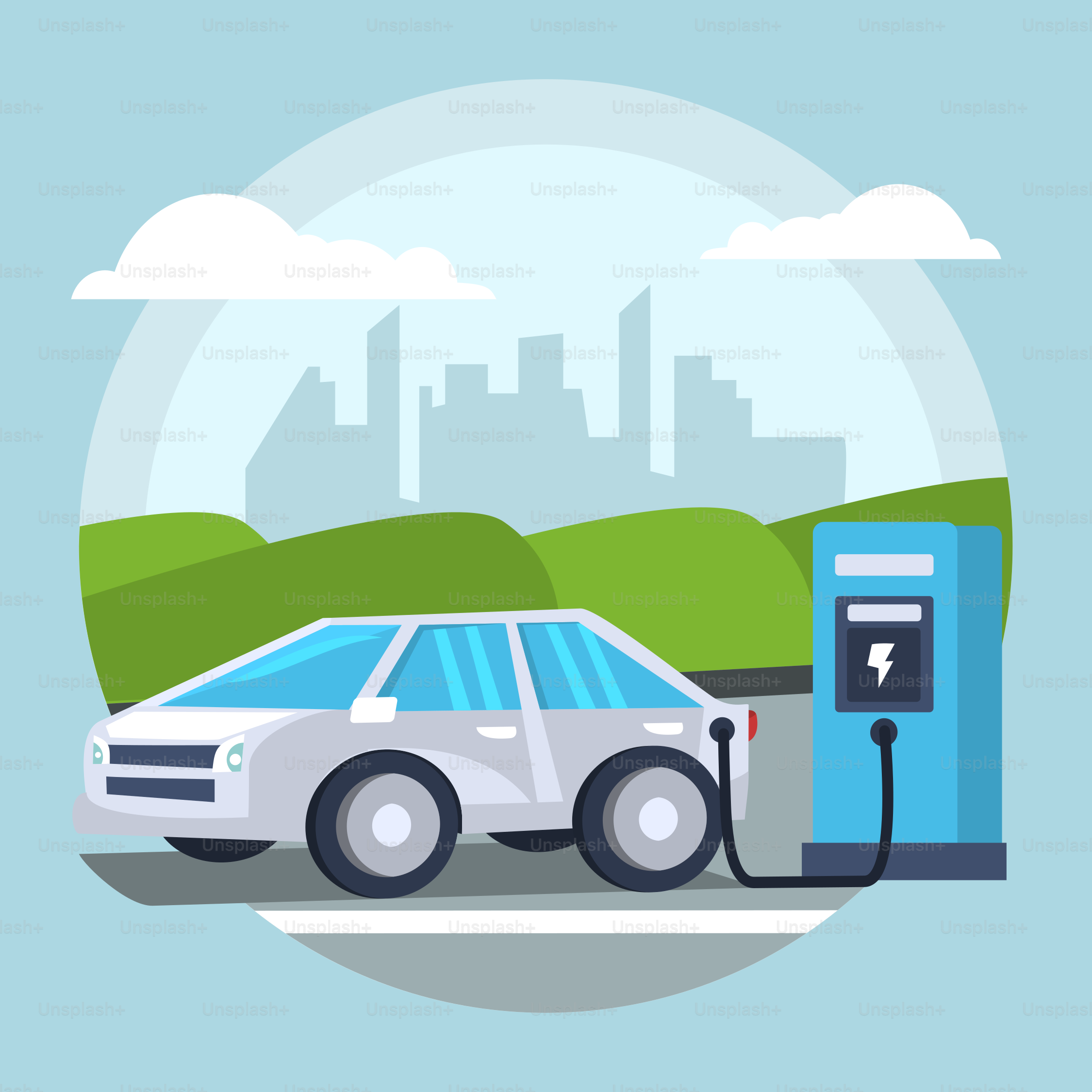 A car at a gas pump with a city in the background