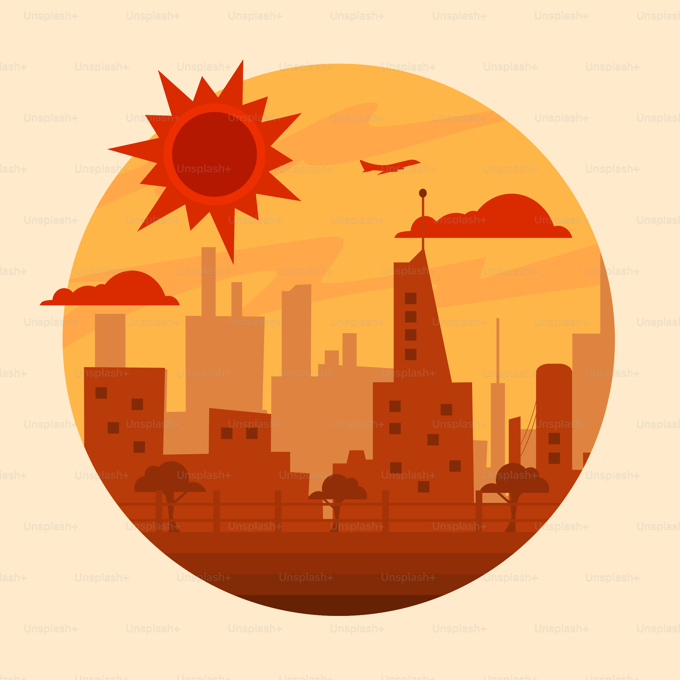 A picture of a city with a sun in the middle