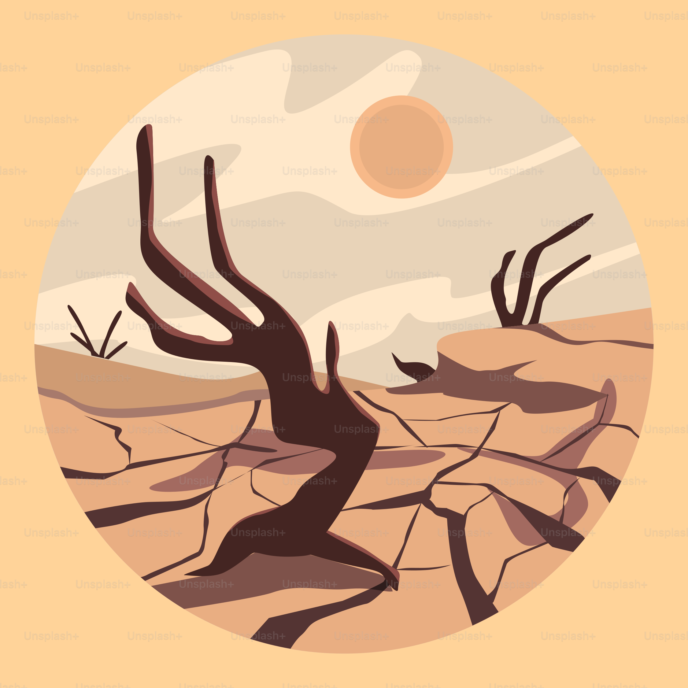 A picture of a desert with a tree in the middle