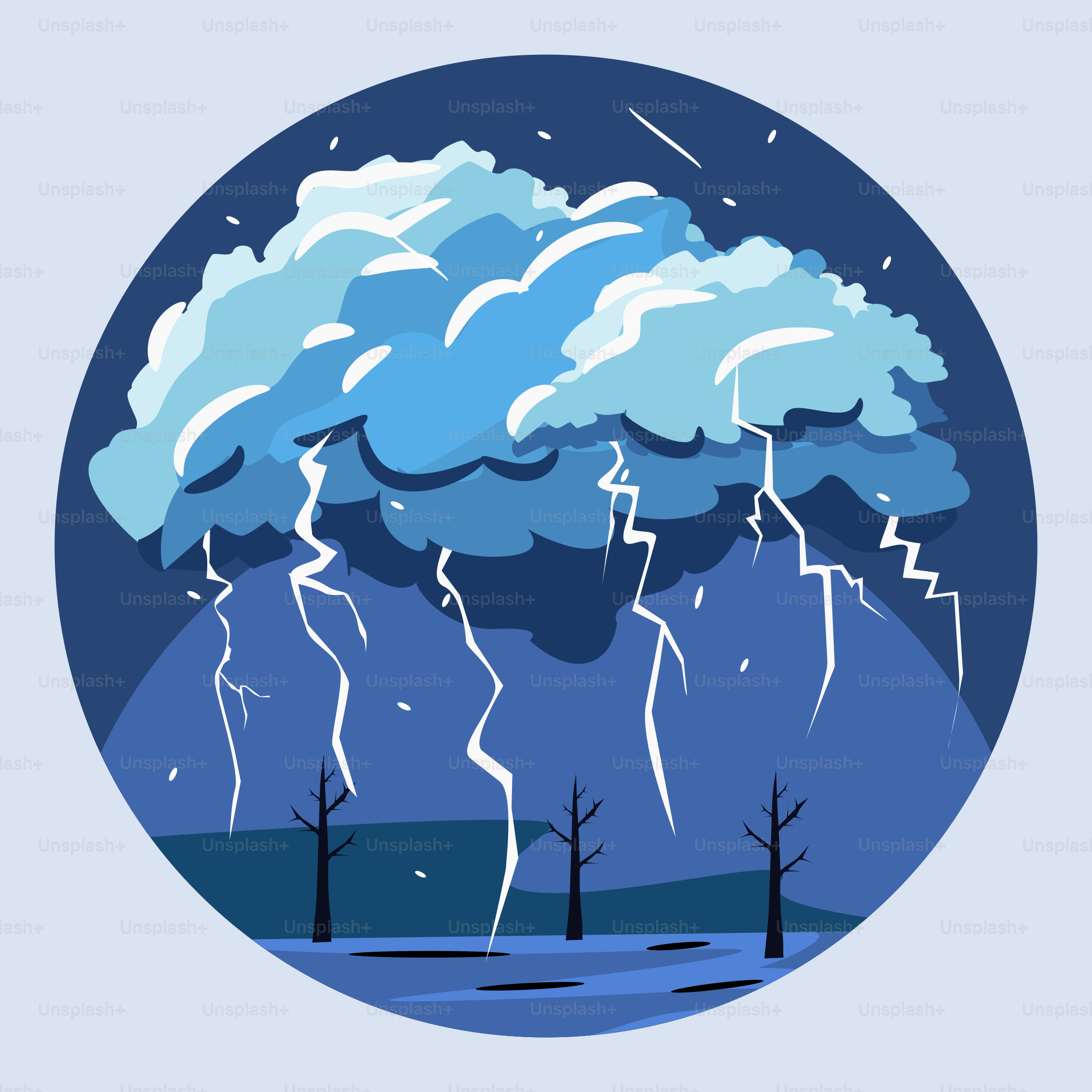 A blue circle with a picture of a storm coming out of it
