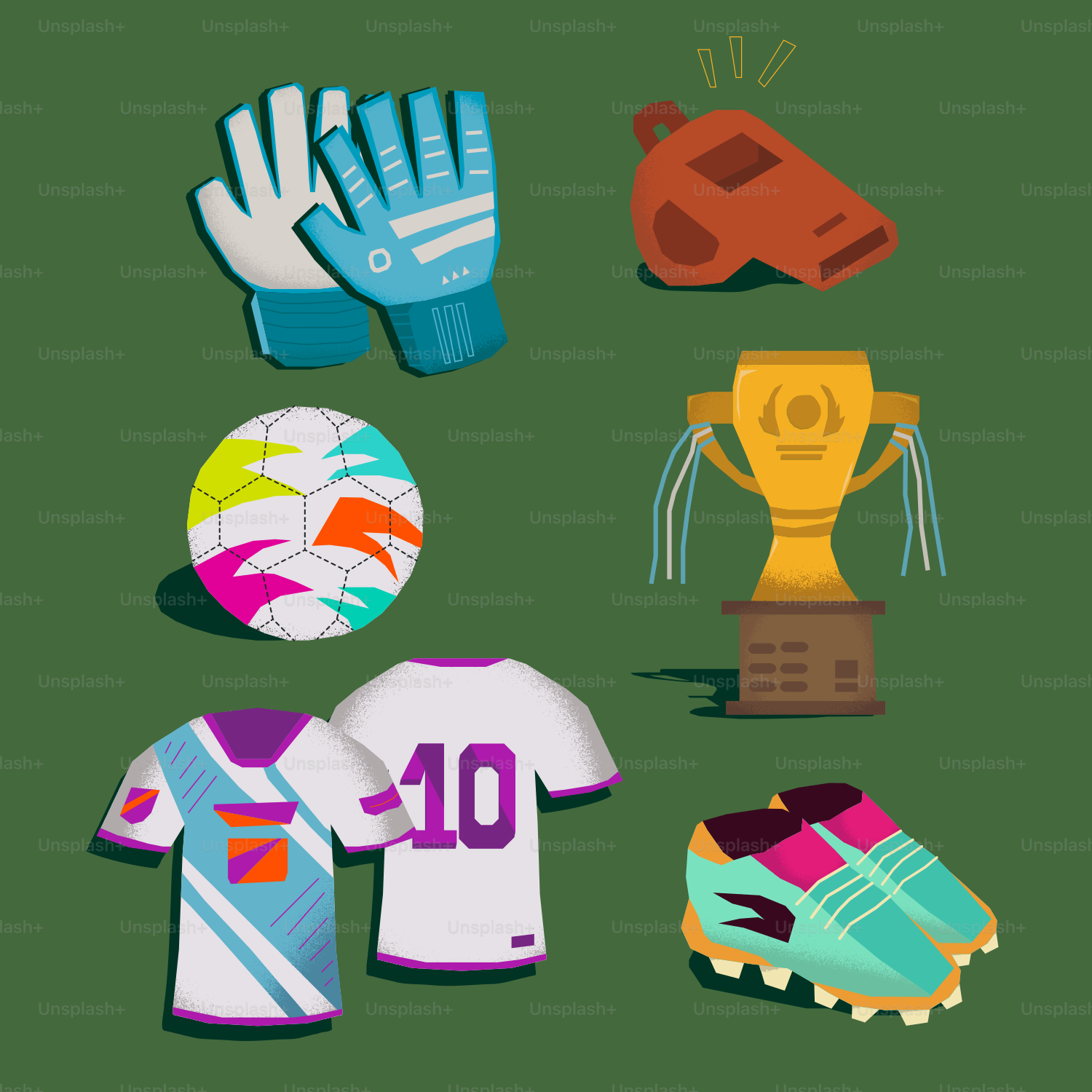 A bunch of different sports items on a green background