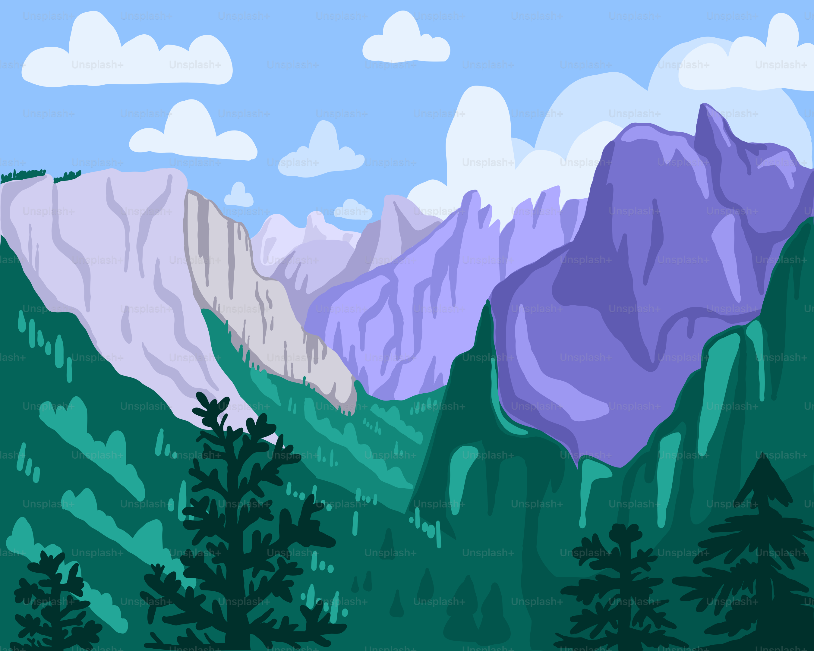 Une peinture d’une chaîne de montagnes avec des arbres et des nuages