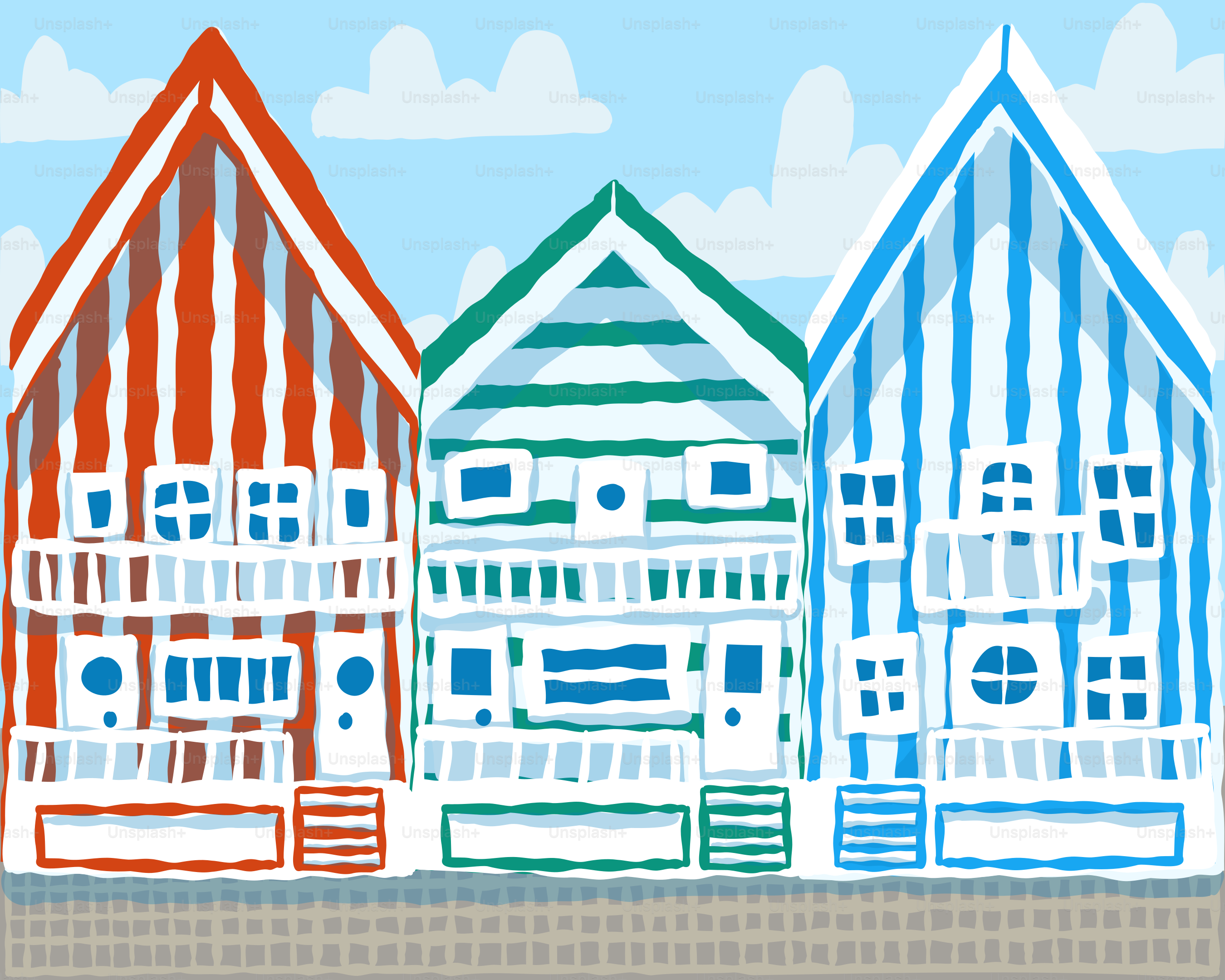 A row of colorful beach huts sitting on top of a sandy beach