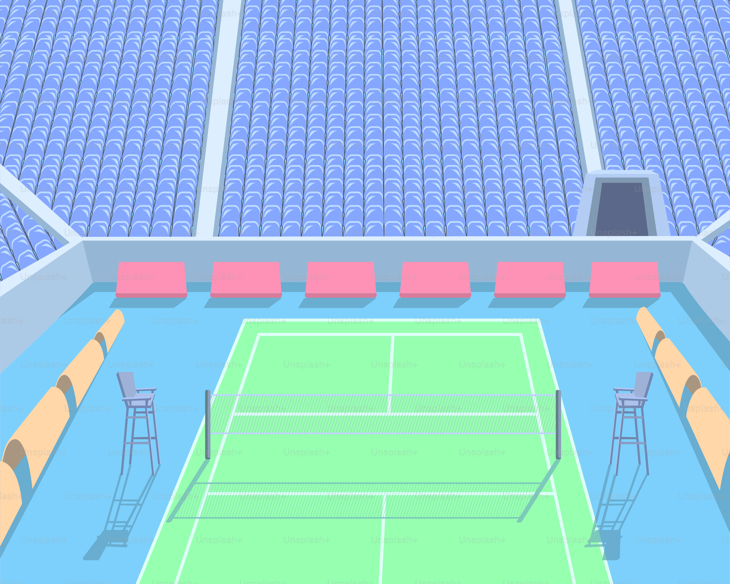 A tennis court with chairs and a racket
