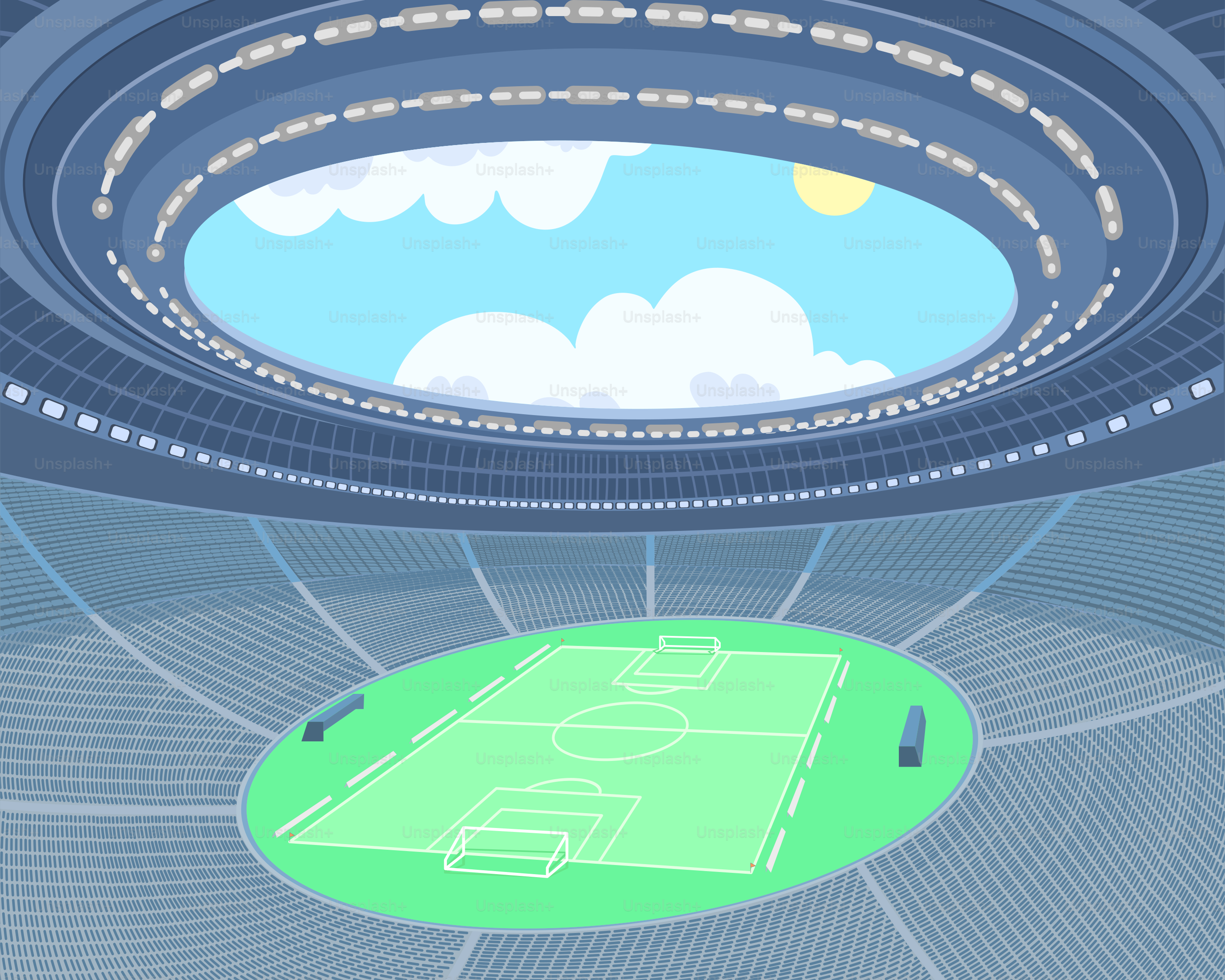 A soccer field in a stadium with a sky background