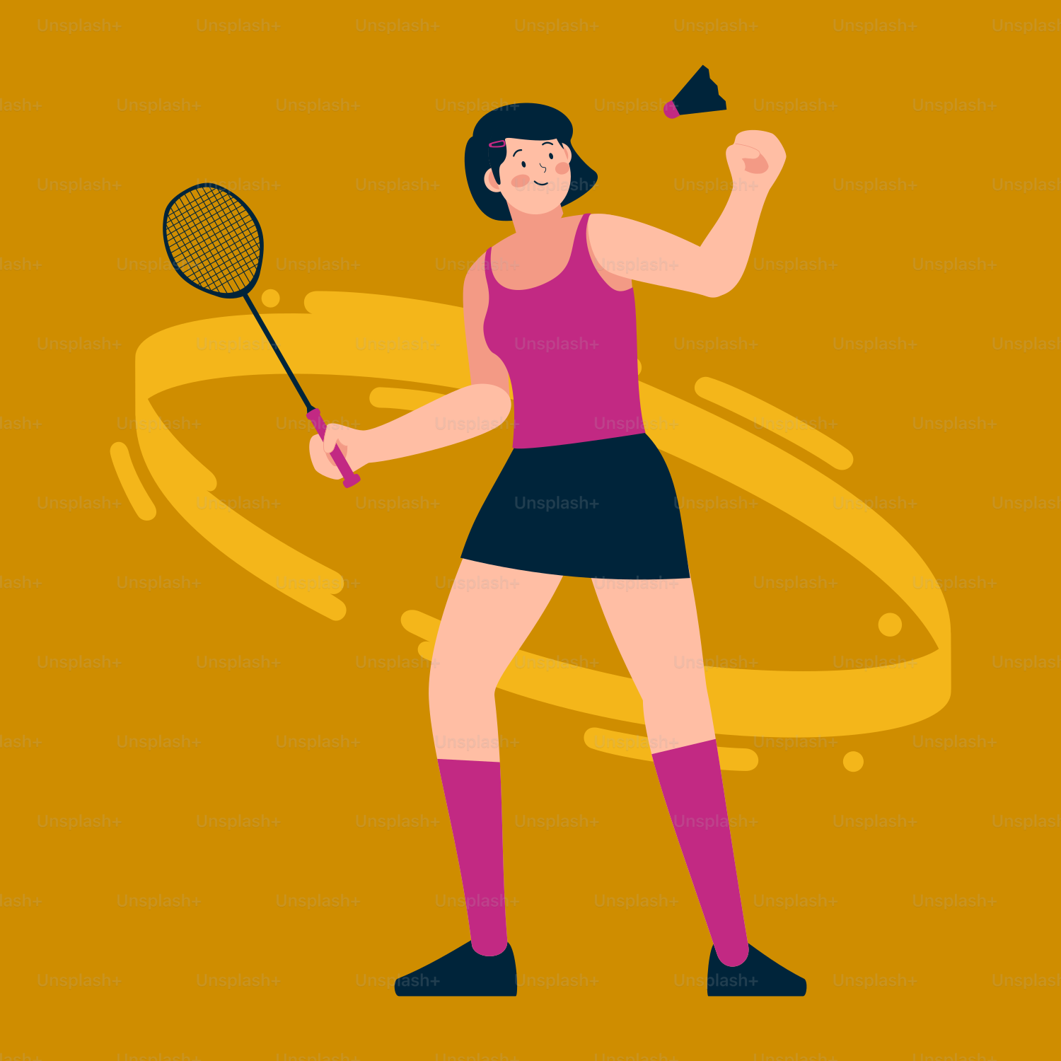 A woman holding a tennis racquet on top of a yellow background