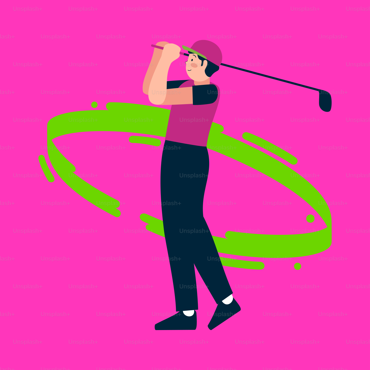 Ein Mann schwingt einen Golfschläger auf rosa Hintergrund