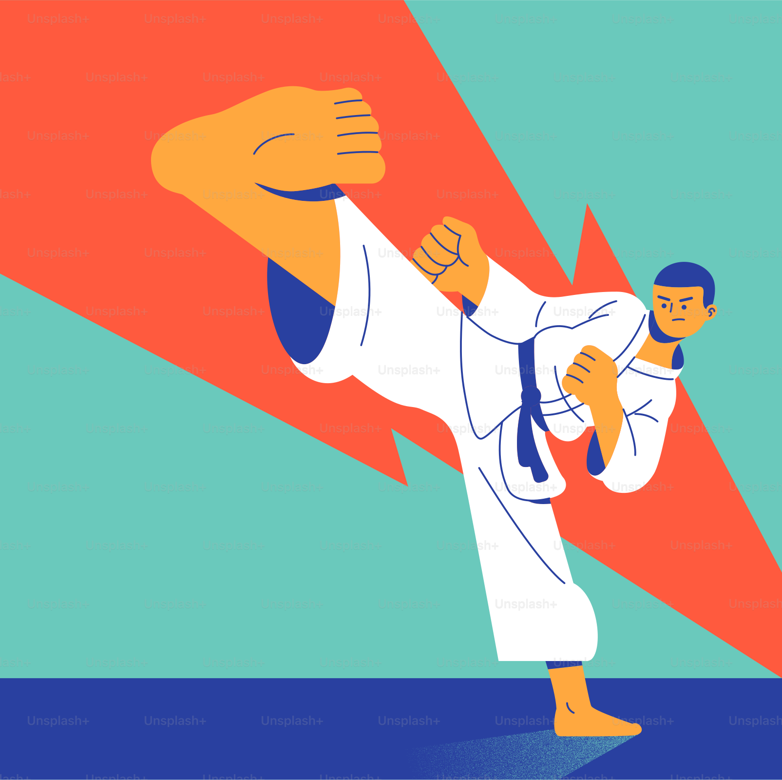 Un uomo in posizione di karate con il pugno alzato