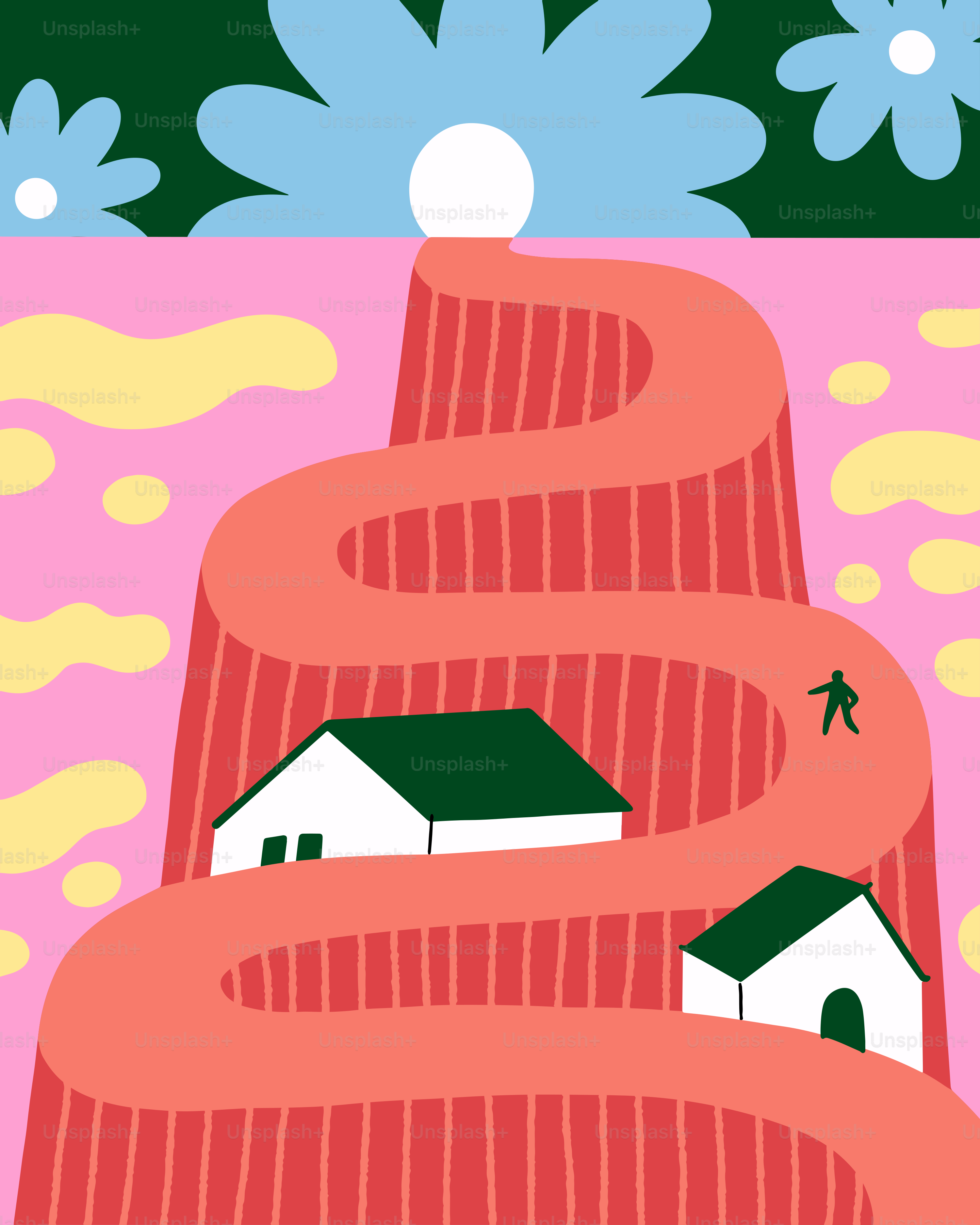 Una pintura de una casa en la cima de una colina