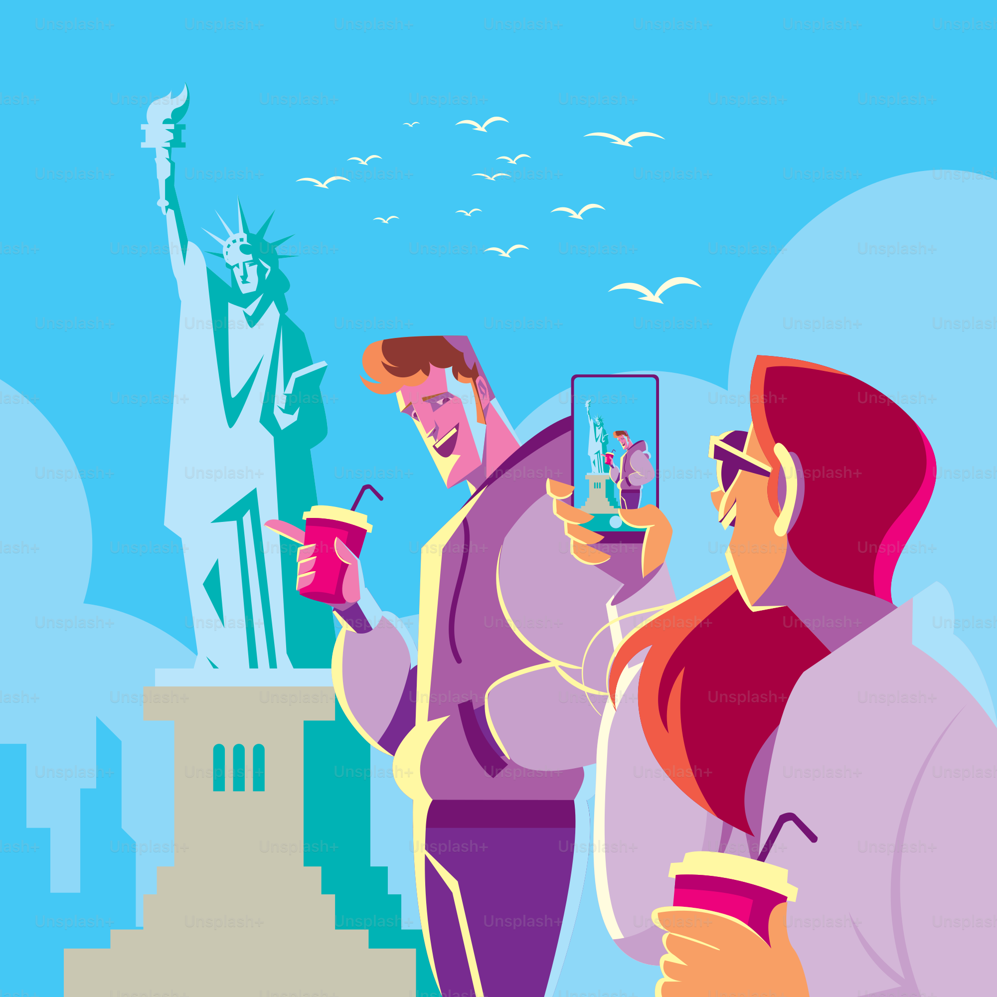A couple of people standing next to a statue of liberty