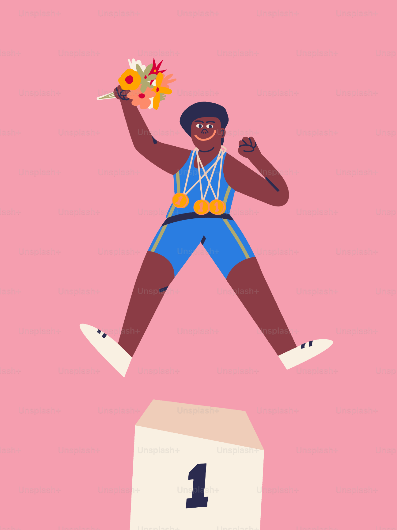 A man is jumping over a podium with flowers