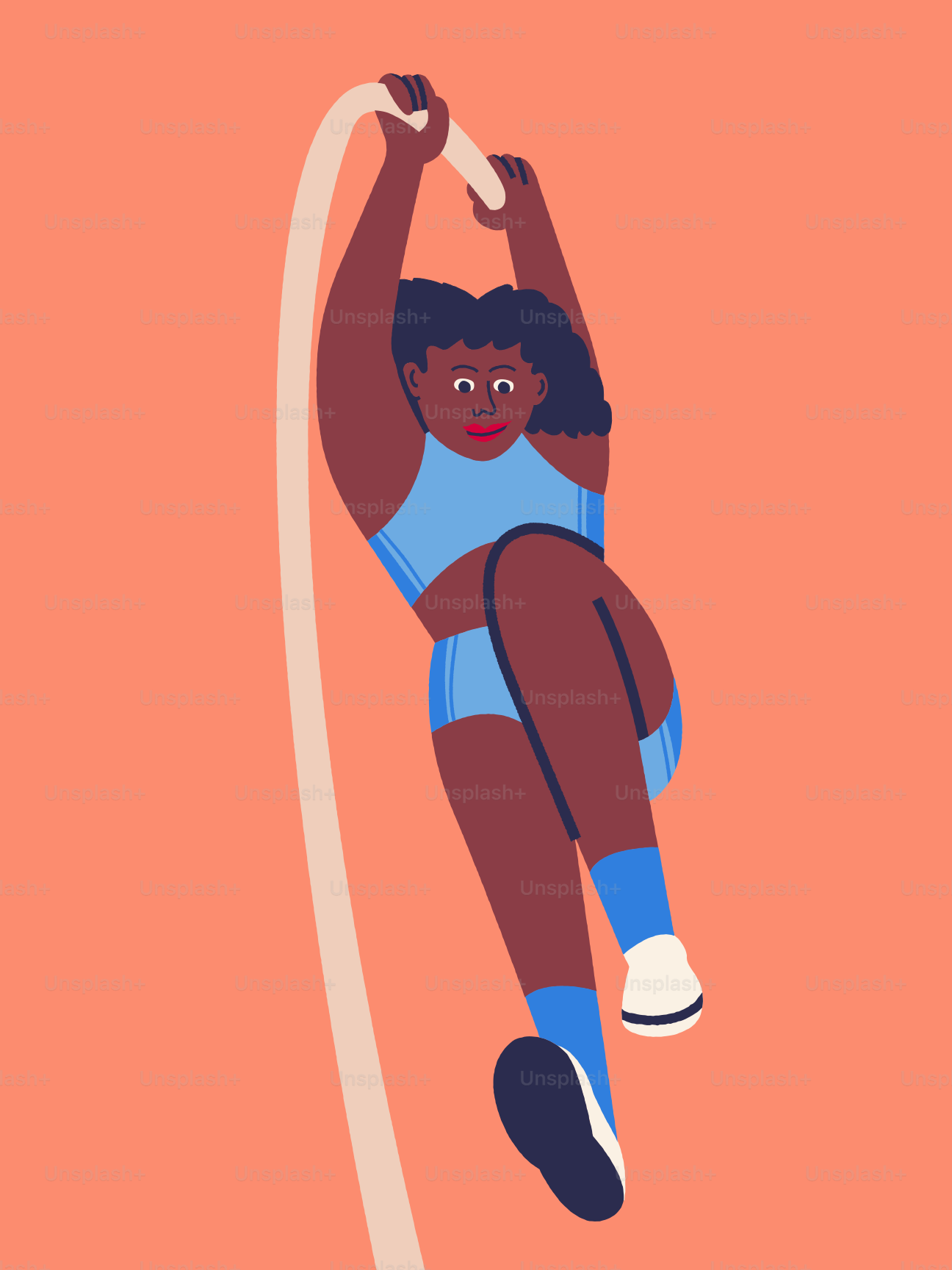 A woman is hanging on a rope with her hands behind her head