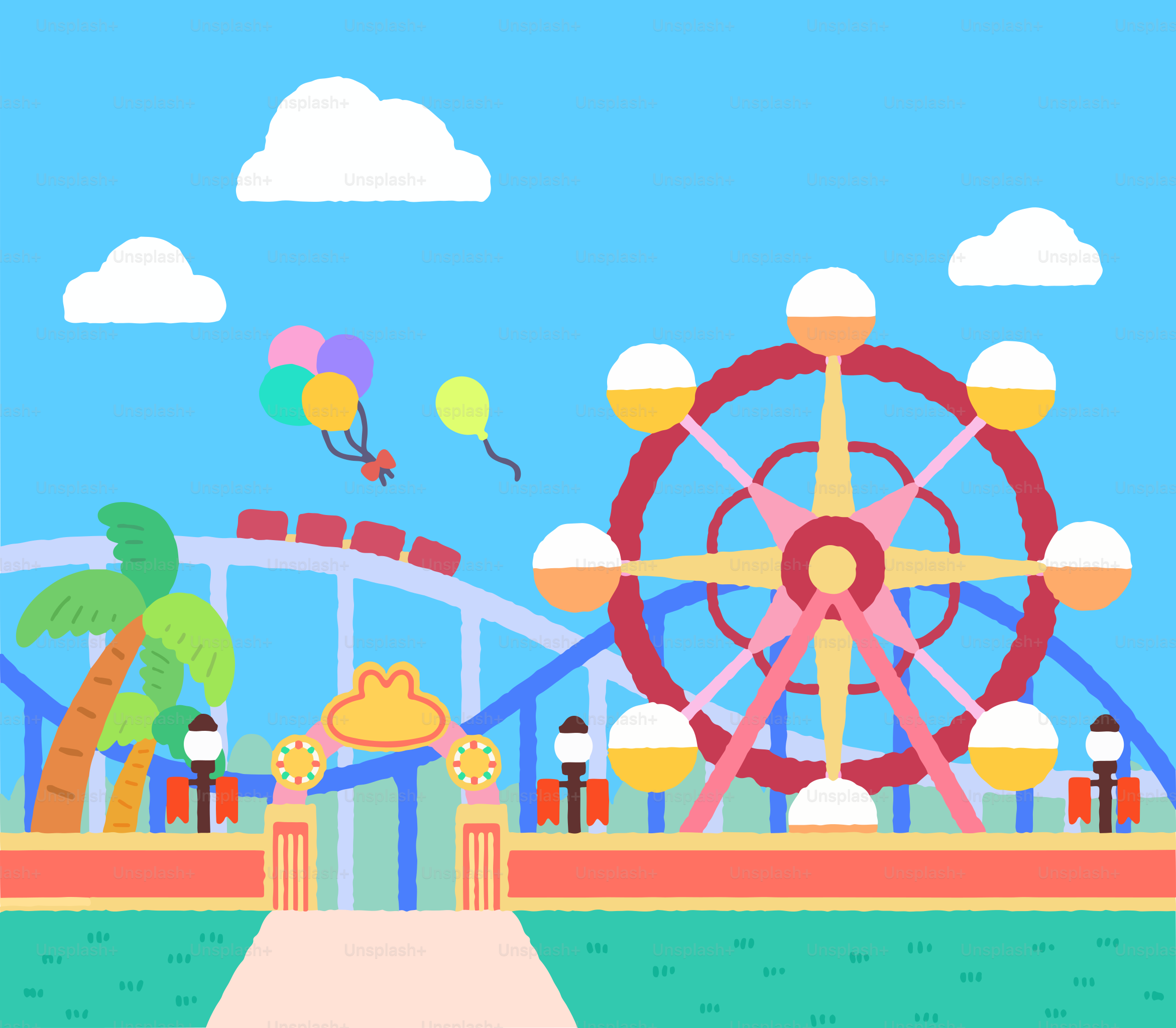 An amusement park with a ferris wheel and rides