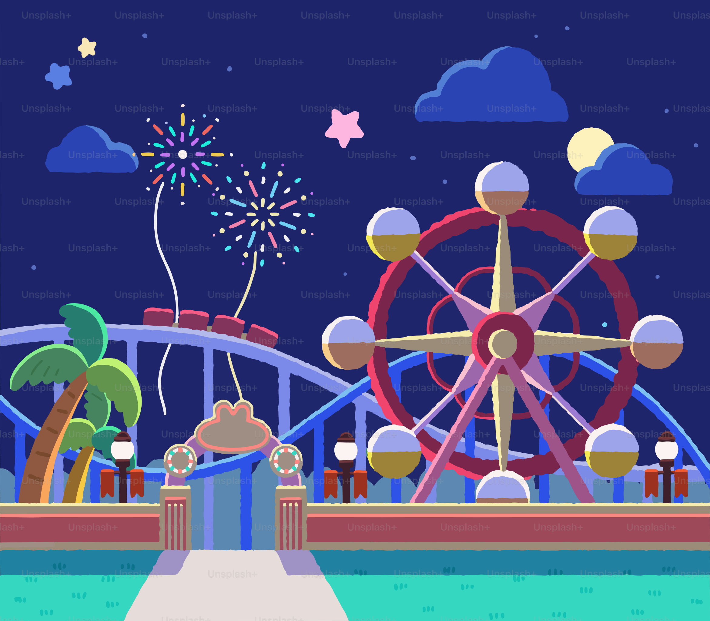 夜の遊園地で観覧車がある