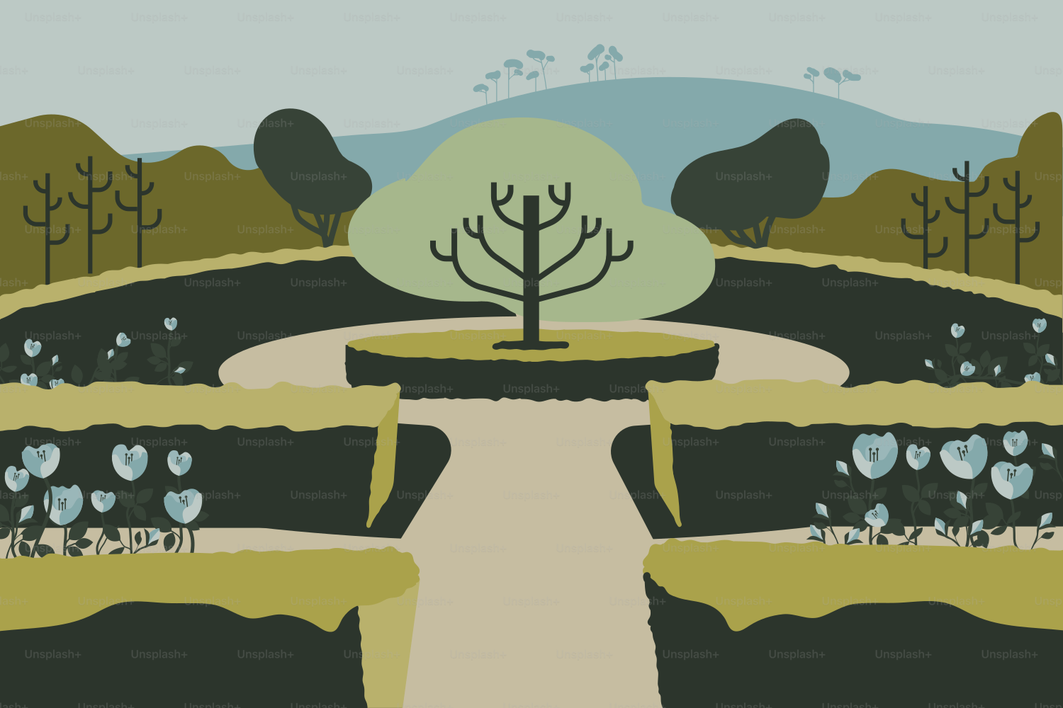 Un dessin d’un parc avec des arbres et des buissons