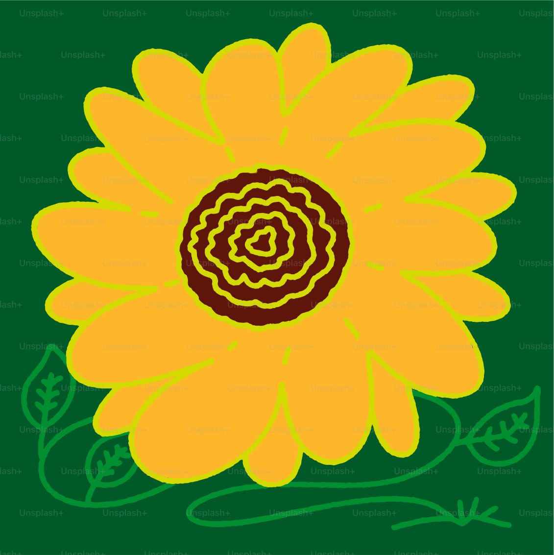 A yellow flower with a brown center on a green background