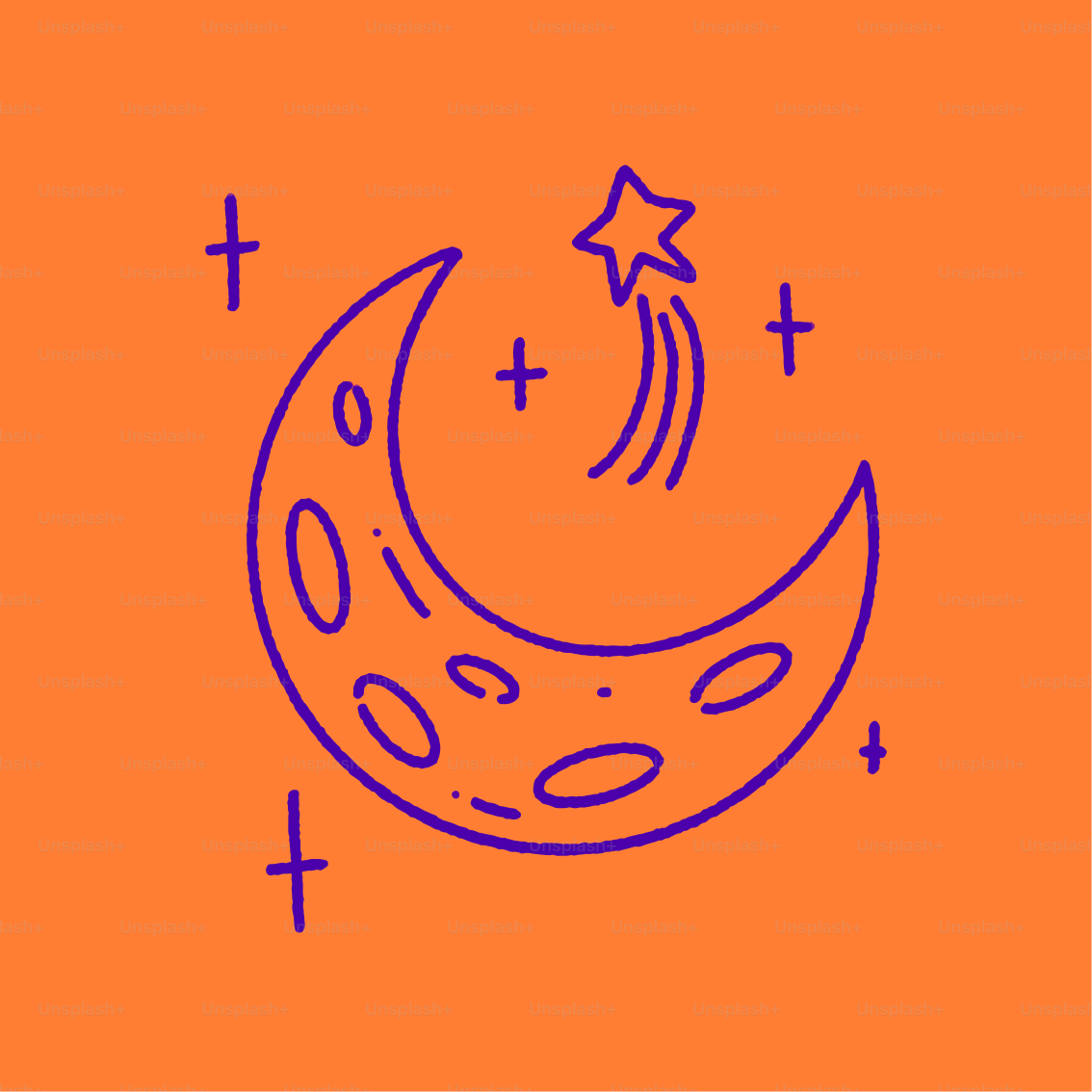 A drawing of the moon and stars on an orange background