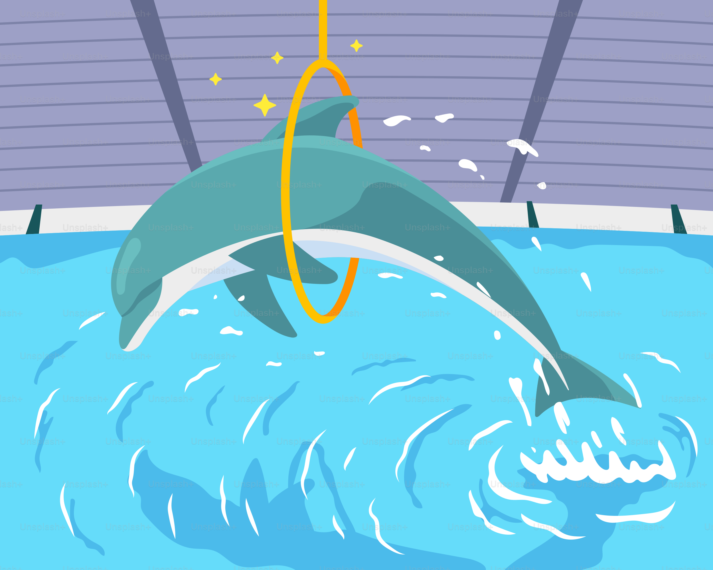 A dolphin jumping out of a swimming pool