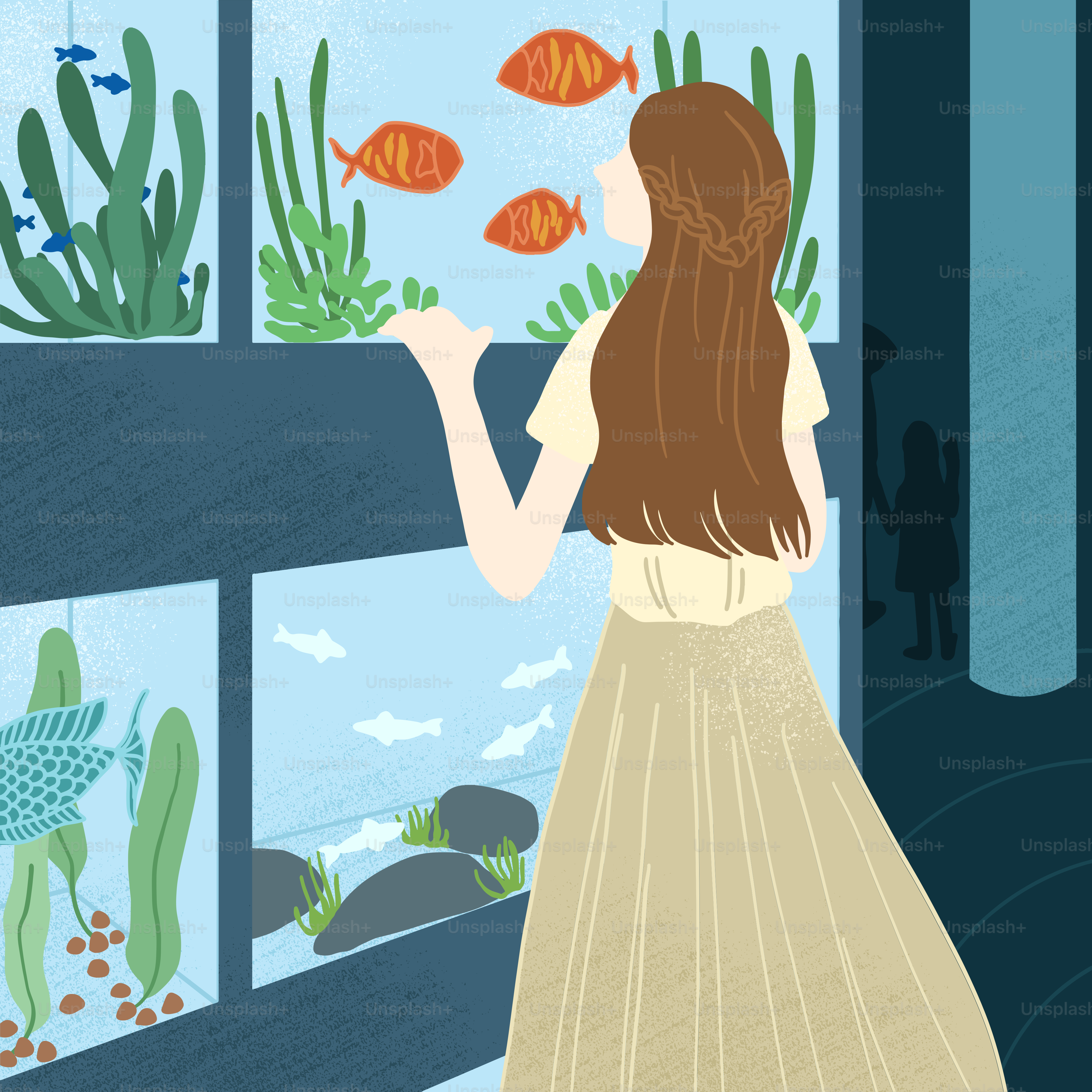 A girl looking at fish in a window