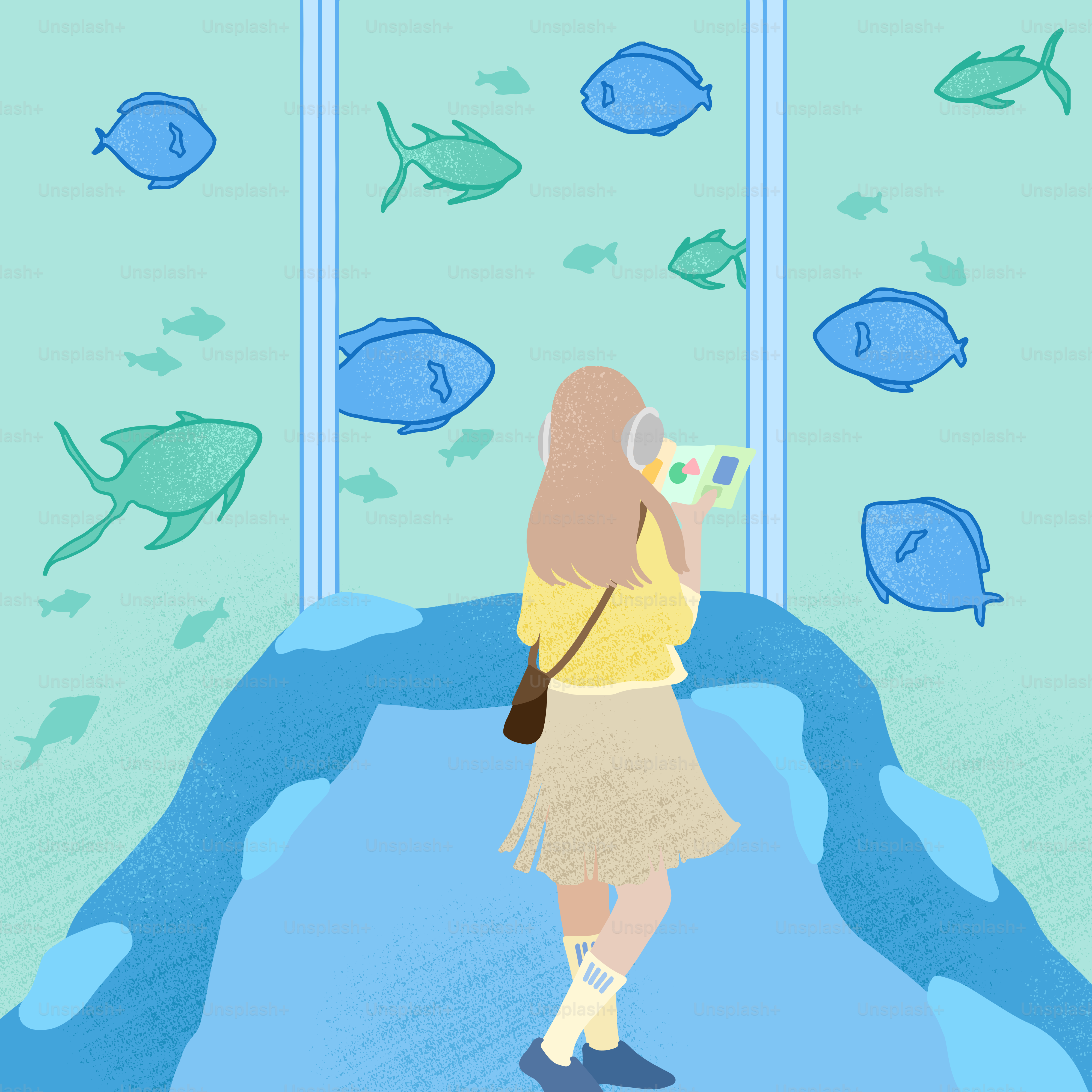 A woman looking at fish through a window